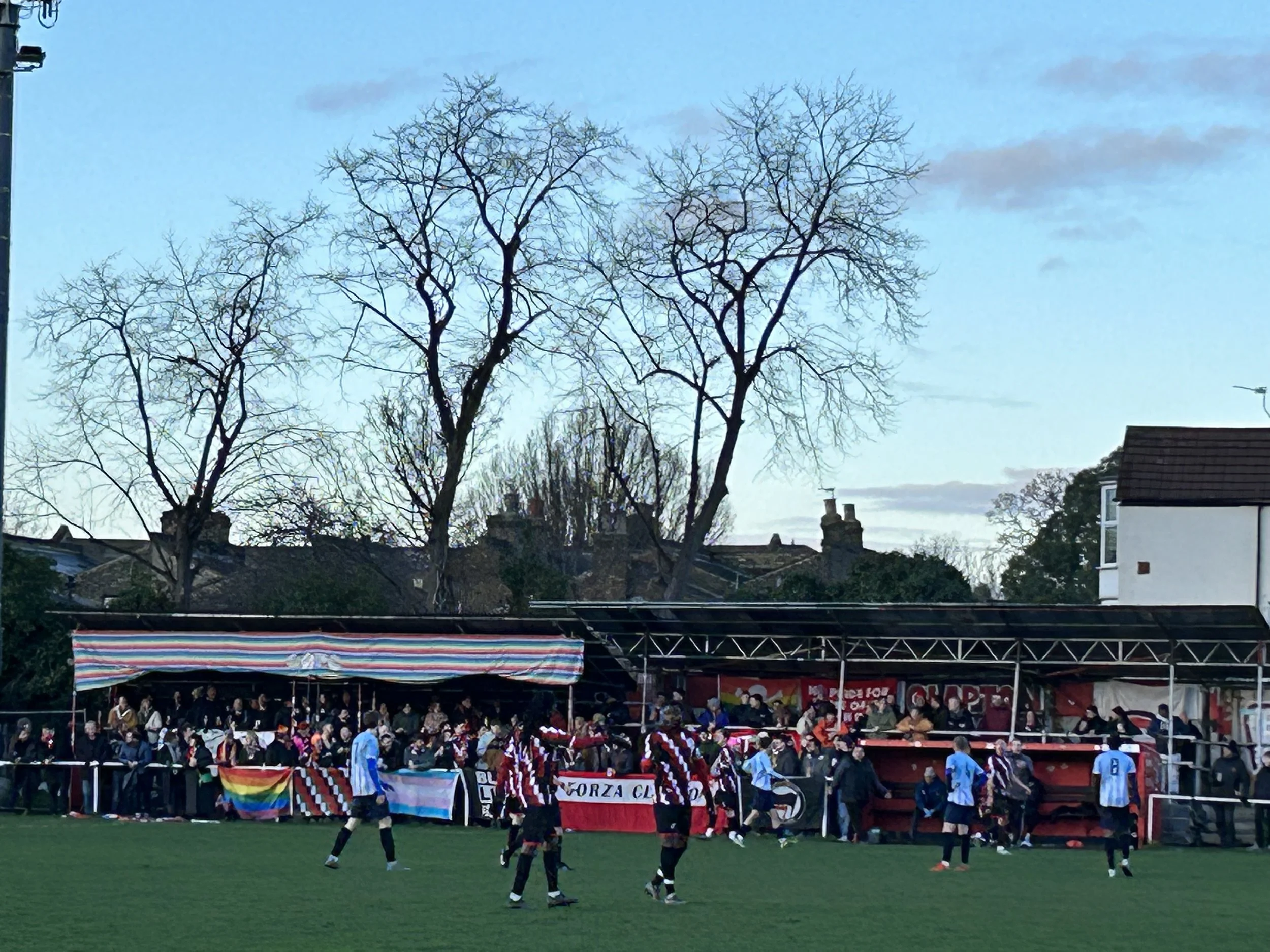 Soccer match in progress with players on the field and spectators in the stands, some holding rainbow flags, under leafless trees and residential buildings.