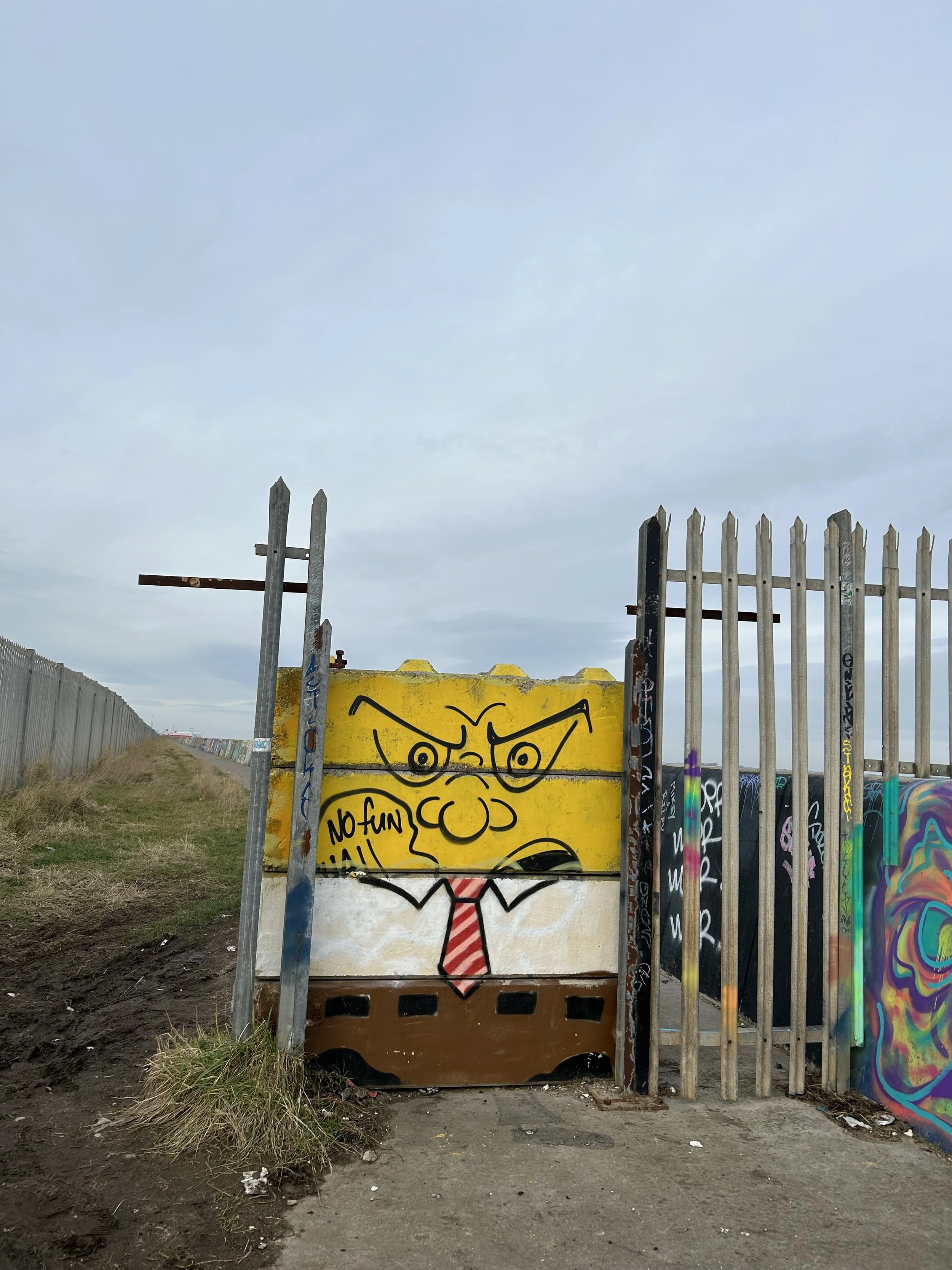 Graffiti of a cartoon character resembling SpongeBob SquarePants with an angry face, wearing a red and white striped tie, on a wooden panel. The character has furrowed eyebrows and a speech bubble that says 'No Fun!!!' The graffiti is fenced with met