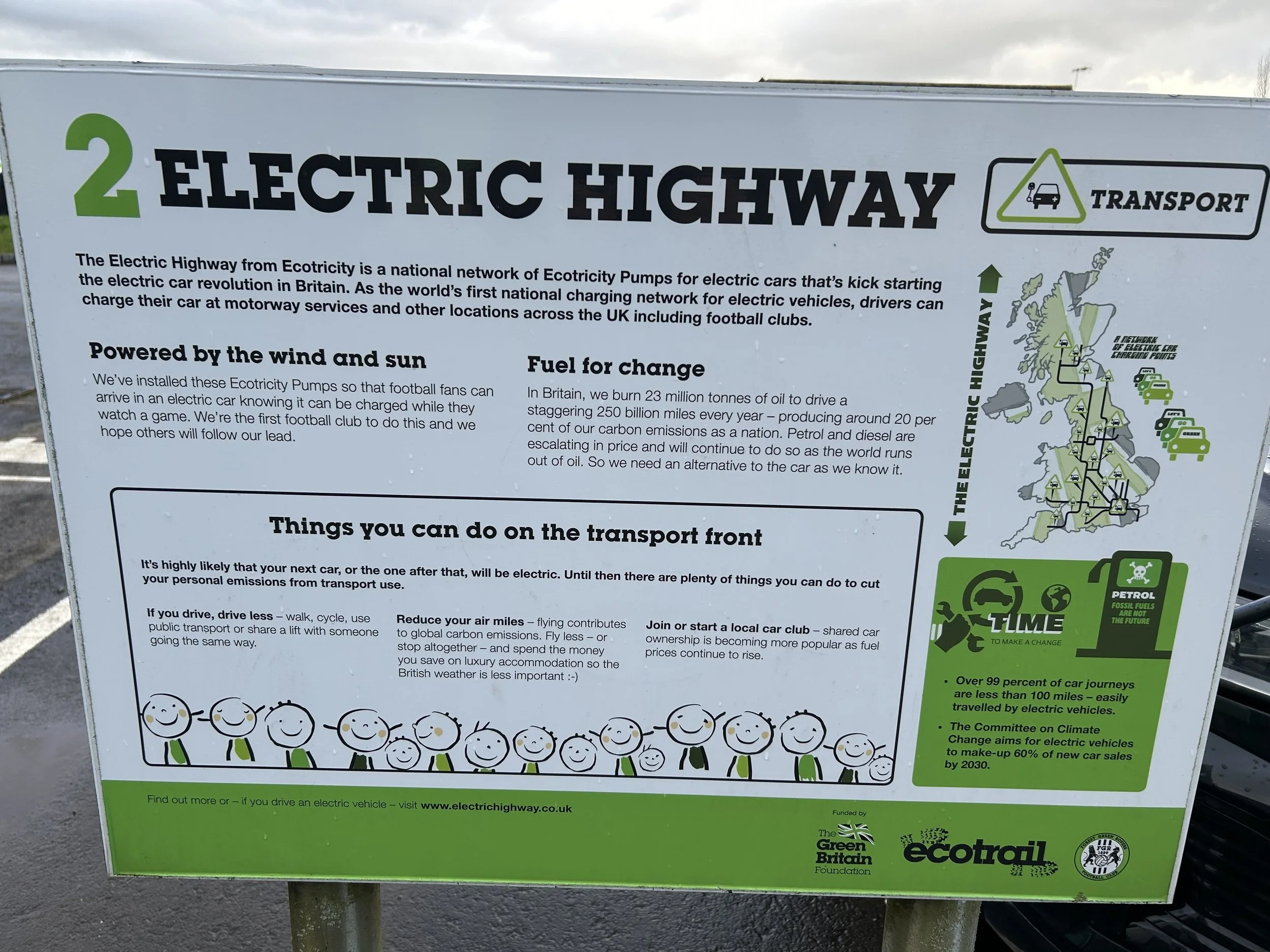 Informational sign about electric highway and eco-friendly transportation in Britain, including sections on renewable energy, fuel consumption, and ways to reduce emissions, with illustrations of happy people and eco symbols.