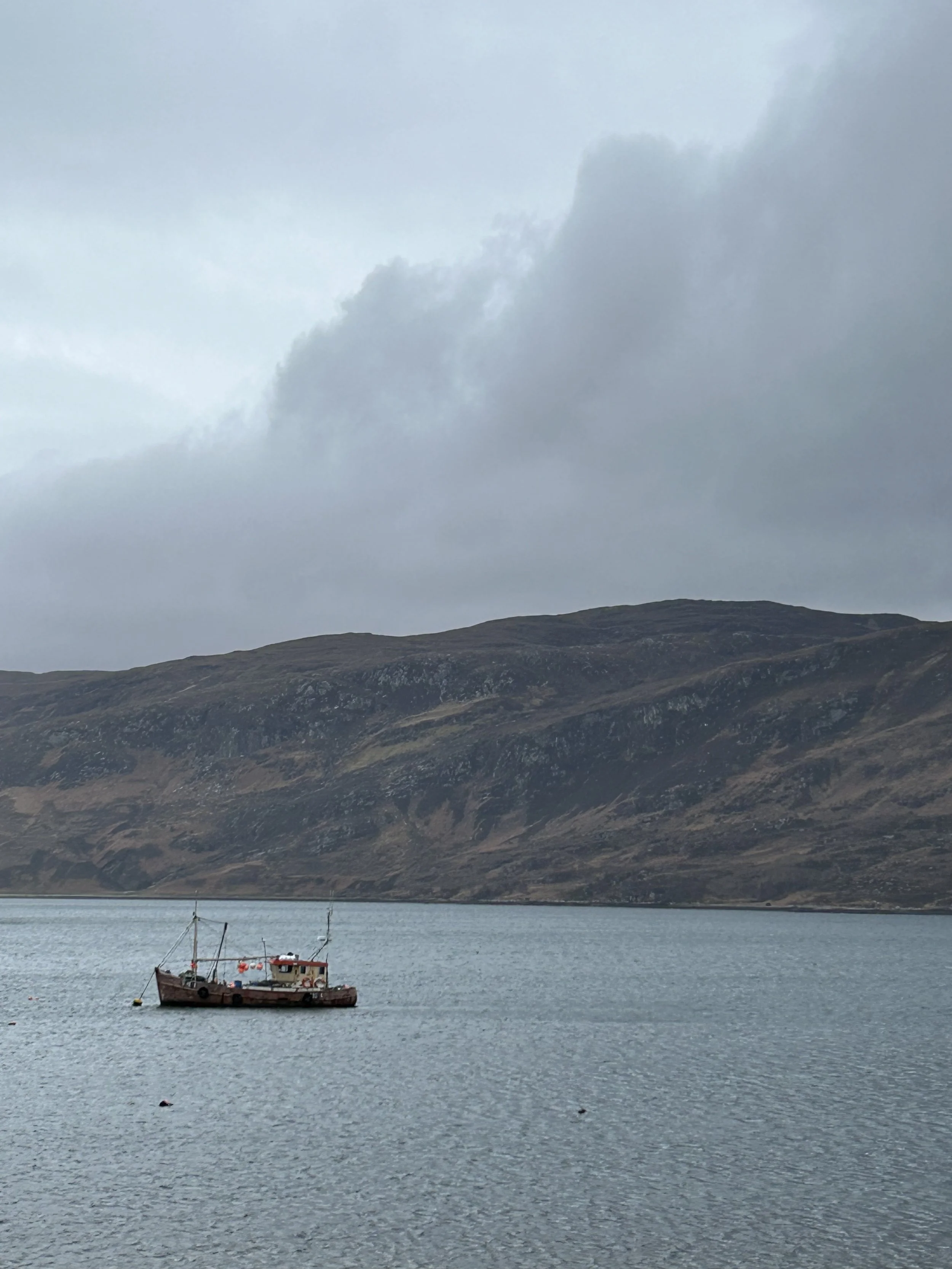A boat floating on a calm lake with mountains in the background under an overcast sky.