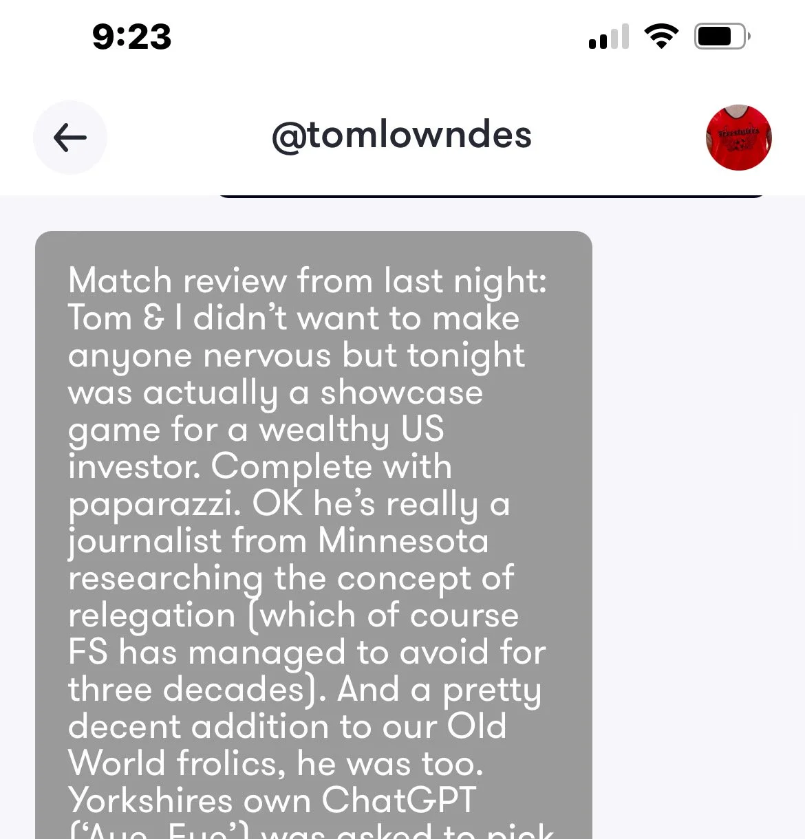 Screenshot of a social media post with a gray text box containing a match review about a game, mentioning Tom, a wealthy US investor, and a Minnesota journalist researching delegation concepts.