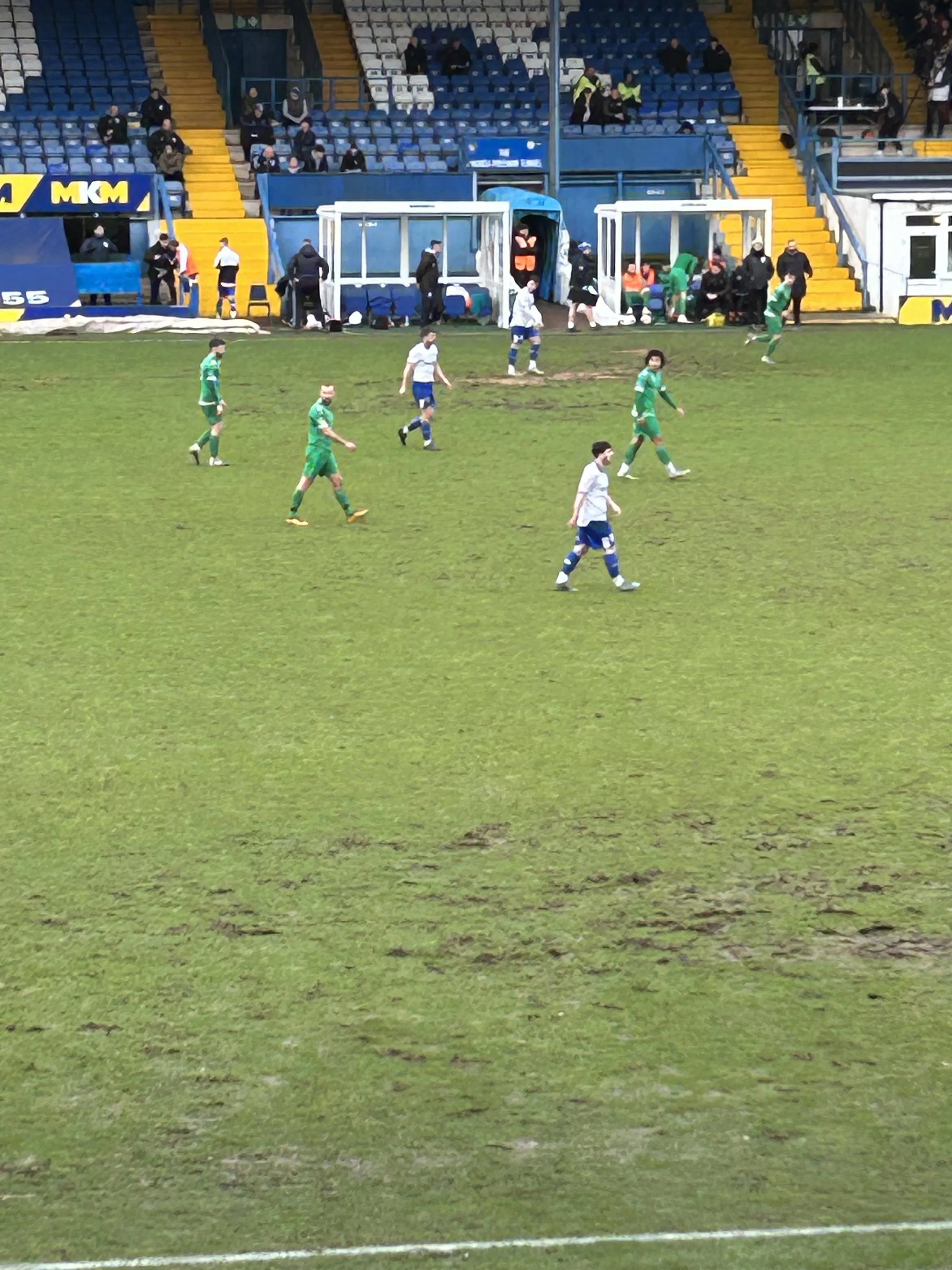 Soccer match on a muddy field with players in white and green uniforms, spectators in seats, and team benches in the background.