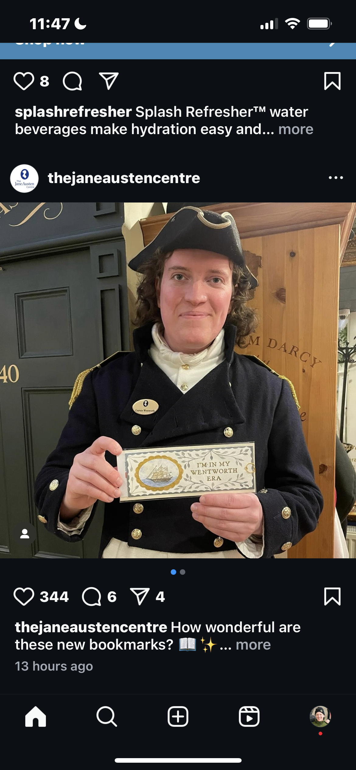 A woman dressed in a historical naval uniform holding a bookmark that says 'I'm in my Wentworth era' with an illustration of a sailing ship.