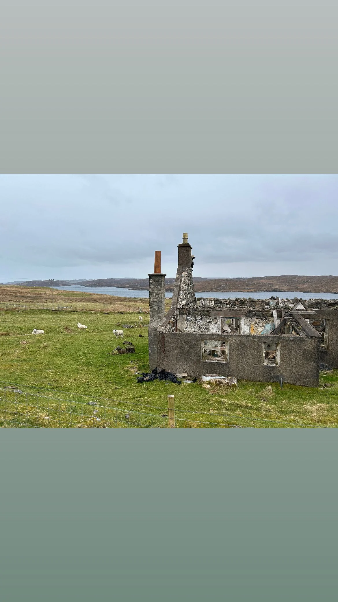 A landscape with a grassy field, some sheep grazing, and a body of water in the background, with a partially burned and dilapidated building in the foreground.