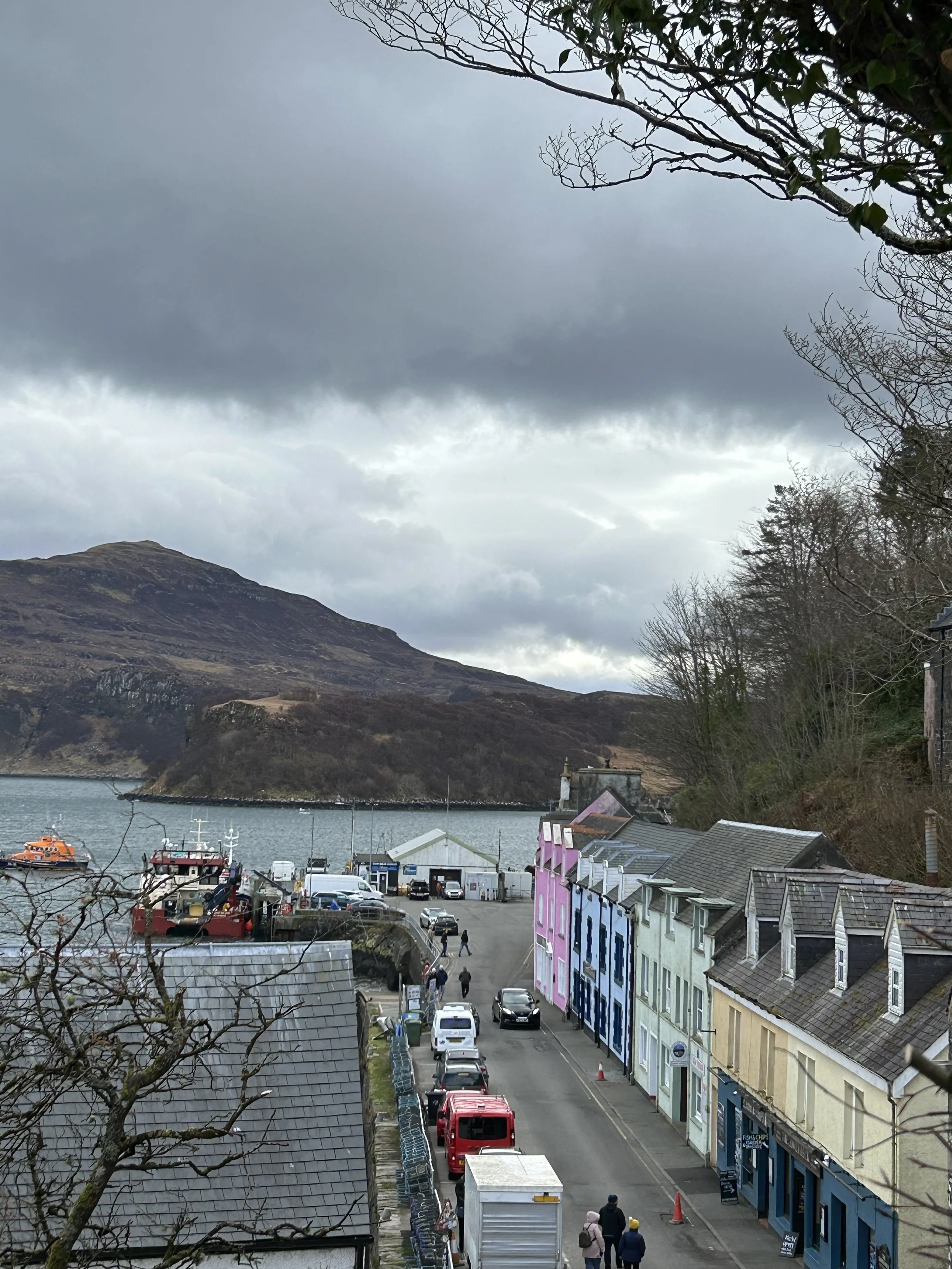 A small seaside town with colorful buildings along a street, cars parked on both sides, and a harbor with boats in the water, surrounded by brown hillside under cloudy skies.