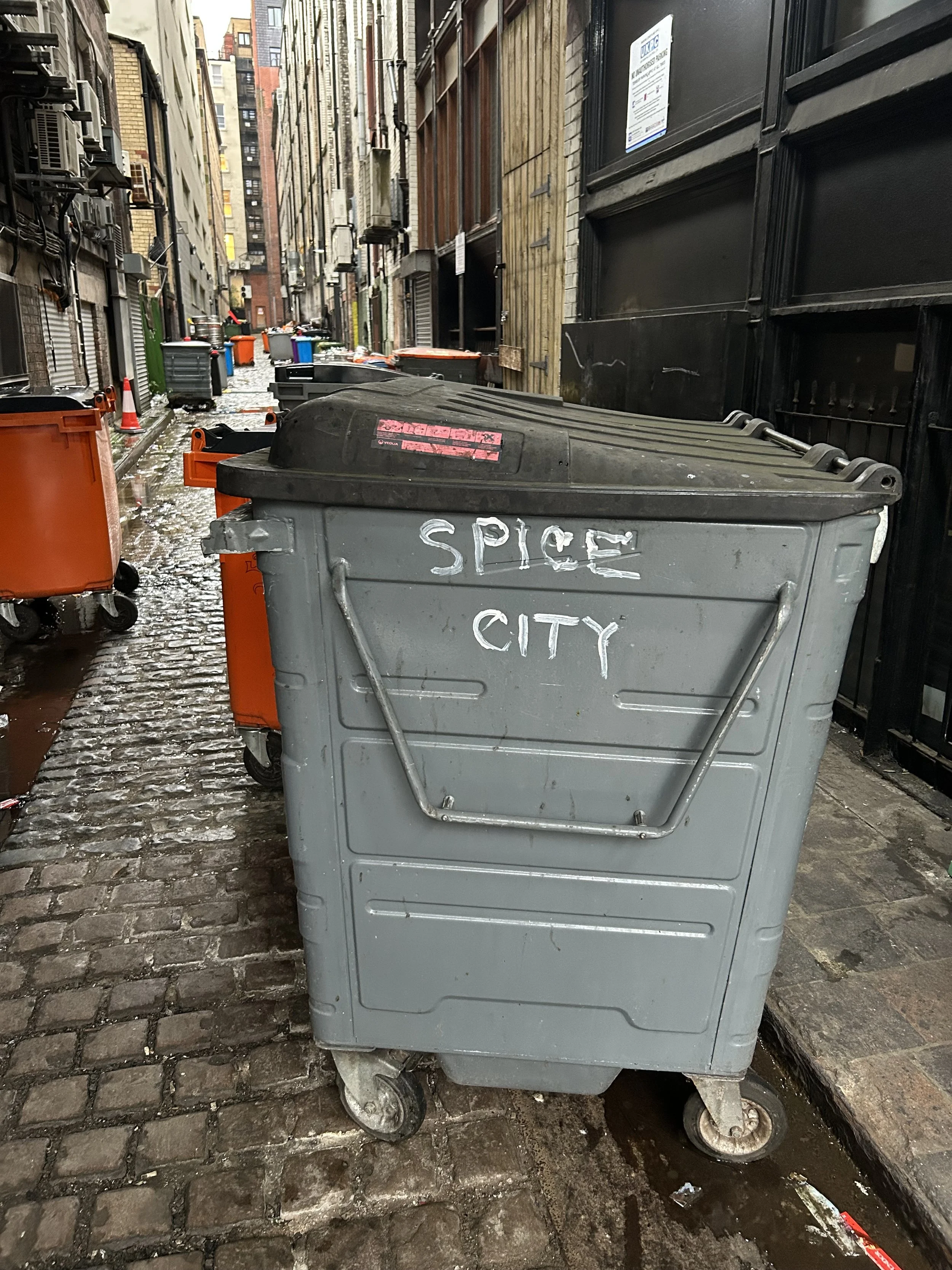 Grey dumpster with white graffiti saying 'Spice City' on a wet cobblestone alleyway.
