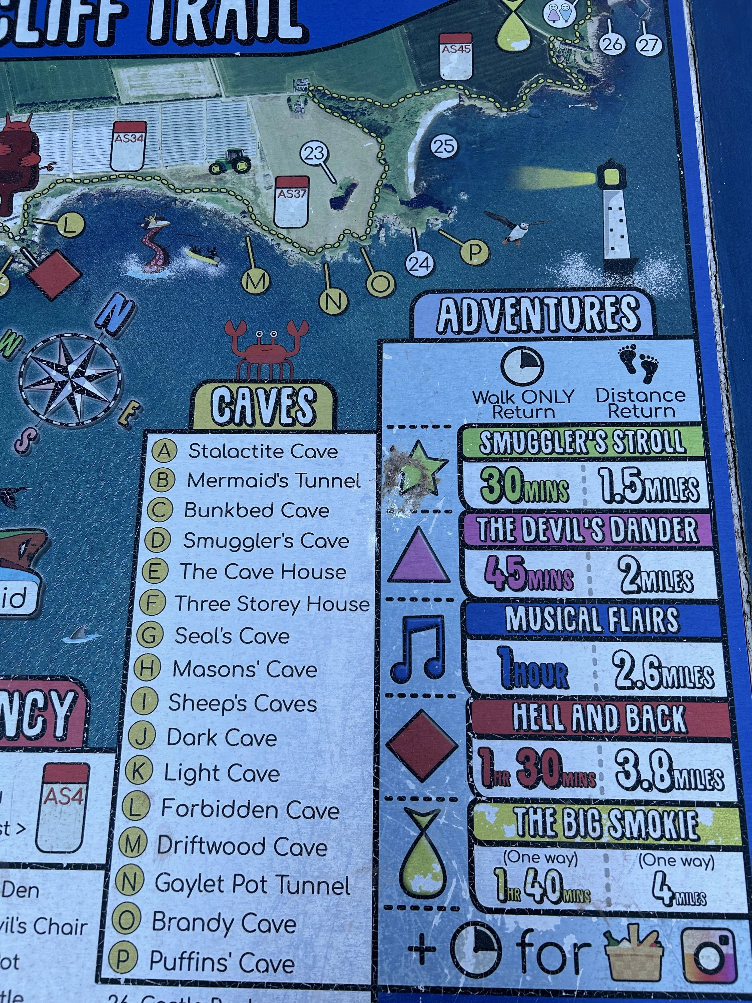 Map of Cliff Trail with marked caves, adventures, and walking directions for various attractions.