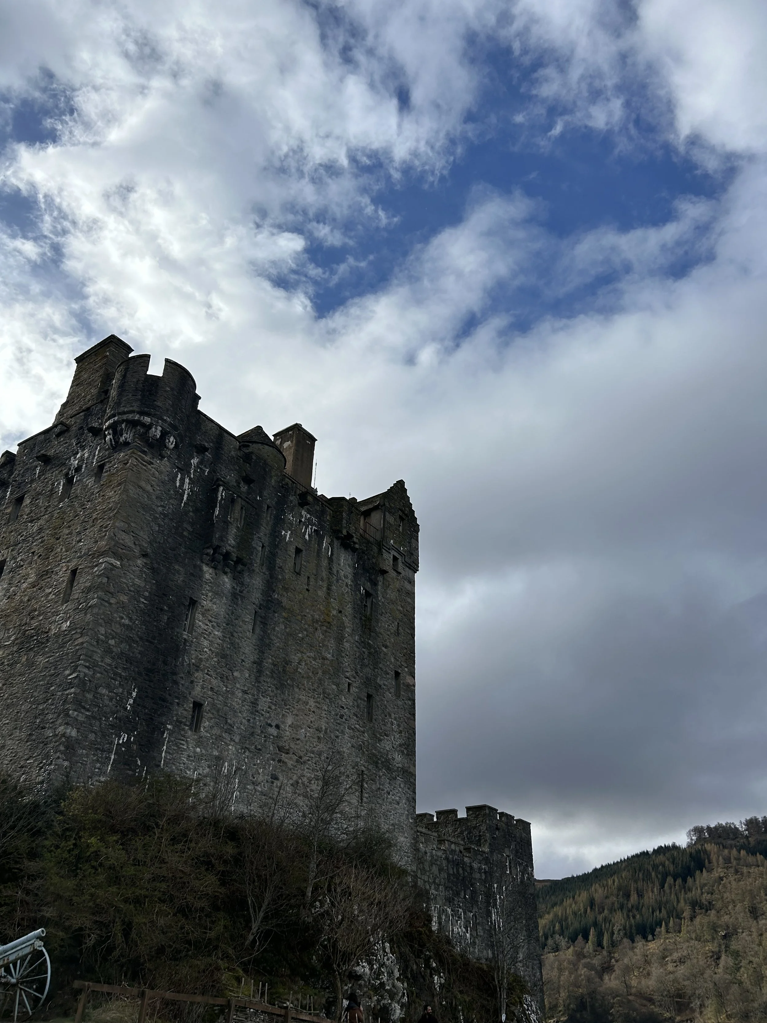 A tall, old stone castle with turrets and battlements situated on a hill with trees and a cloudy sky in the background.