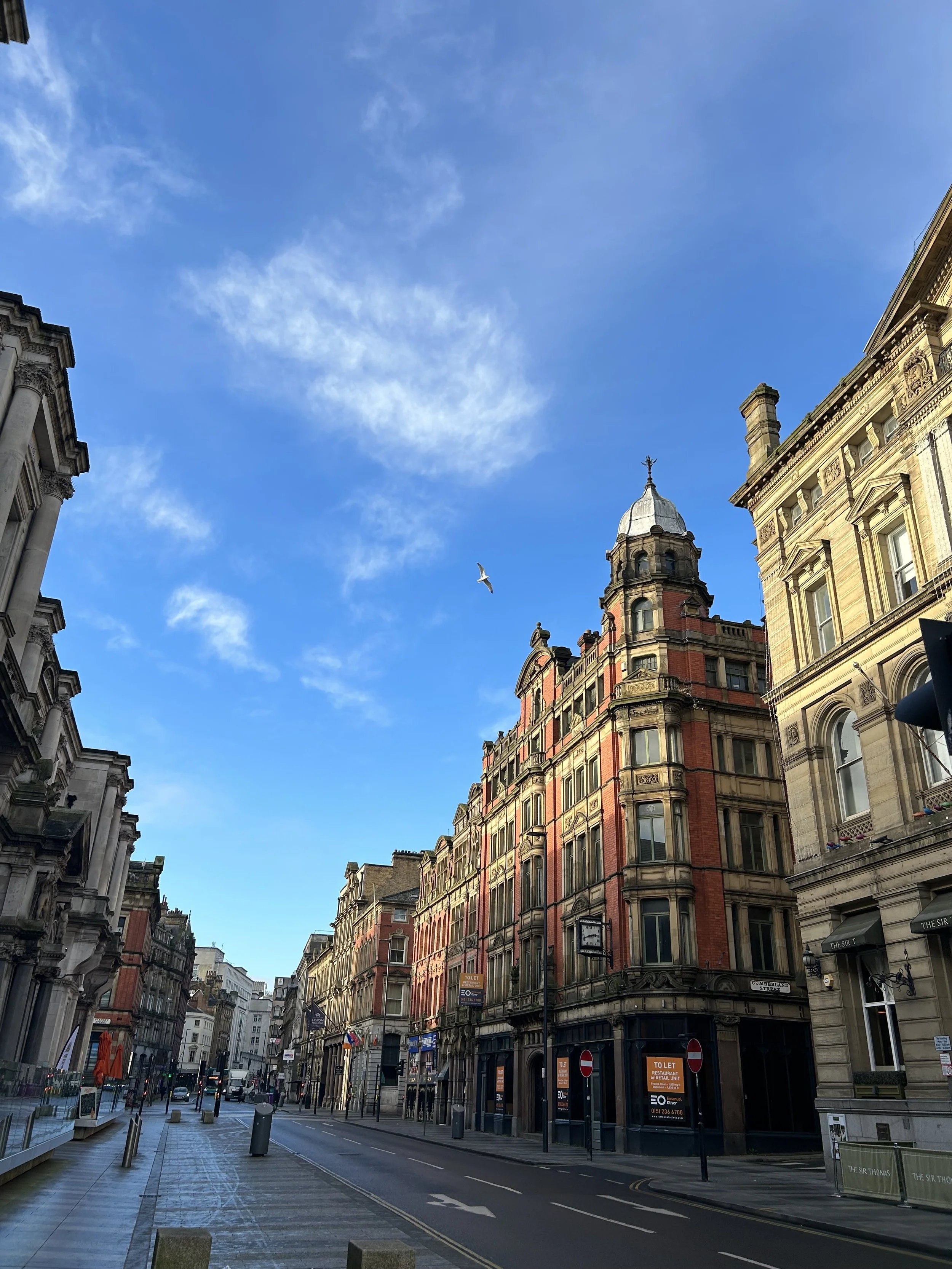 Empty city street with historic buildings, clear blue sky with a few clouds, and a bird flying overhead.