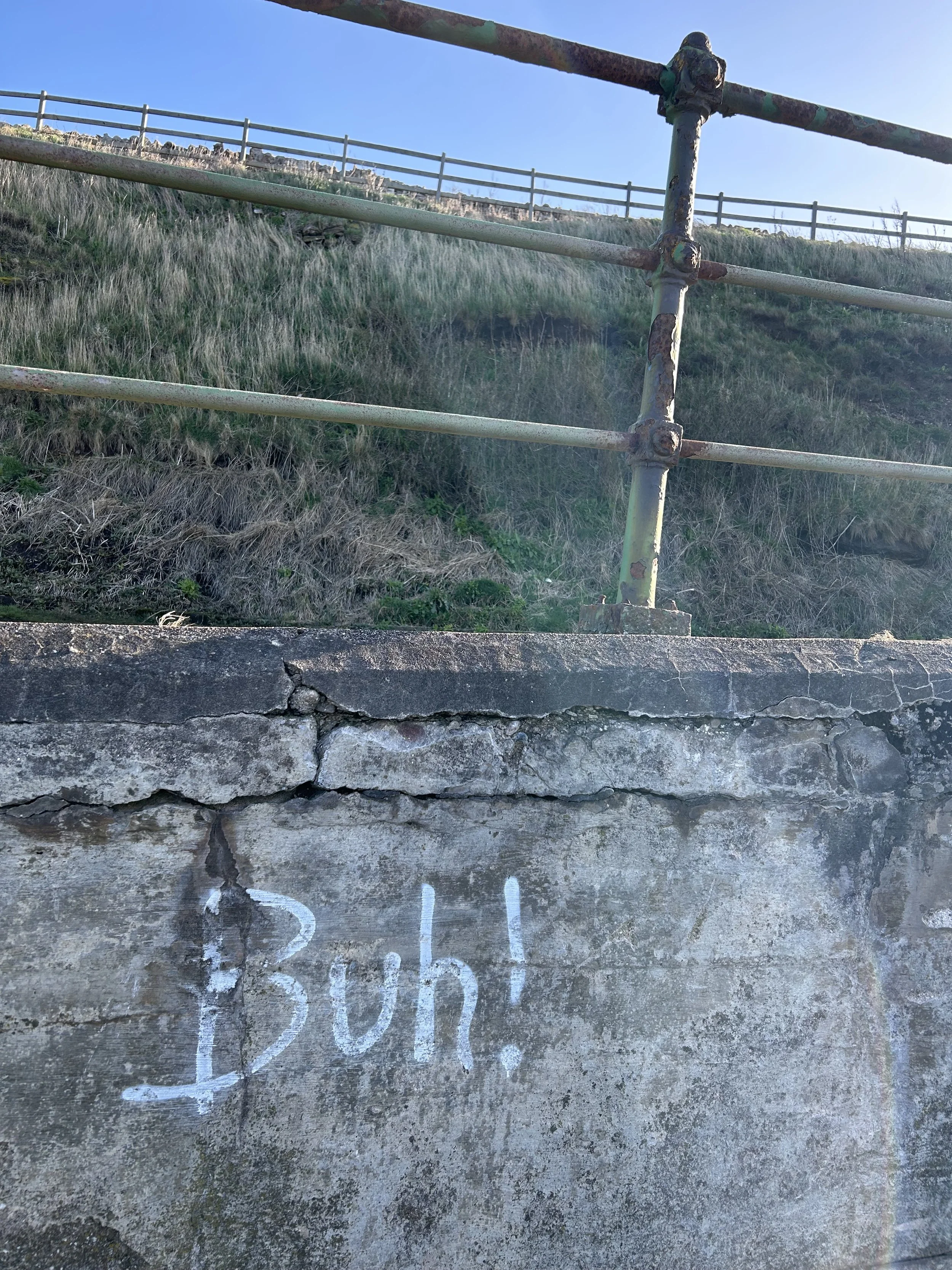 A weathered concrete wall with the word 'Buh!' spray-painted in white, an old rusty metal railing above it, and a grassy hillside in the background under clear blue sky.