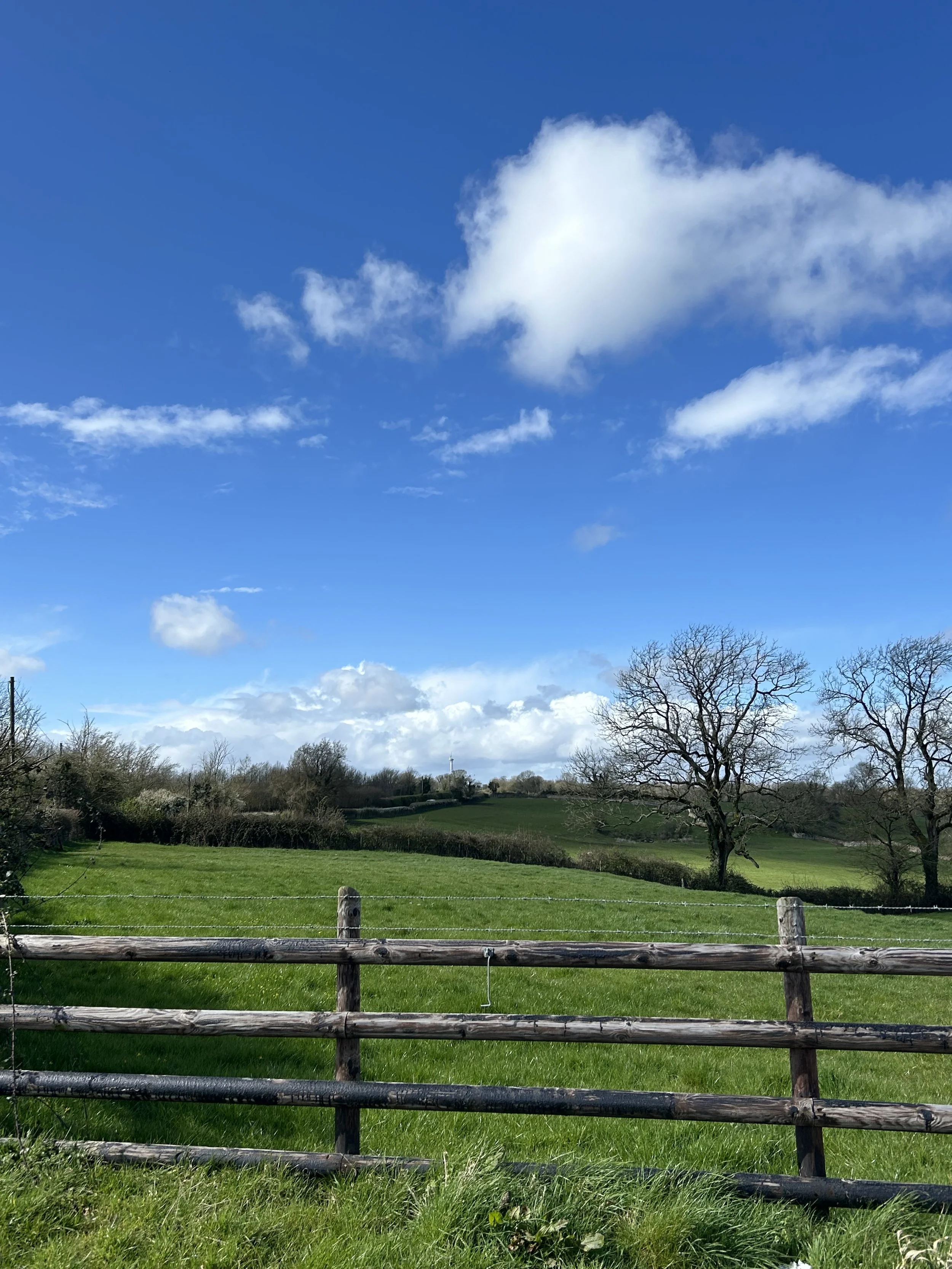 A scenic rural landscape with a wooden fence in the foreground, green fields, leafless trees, and a partly cloudy blue sky.