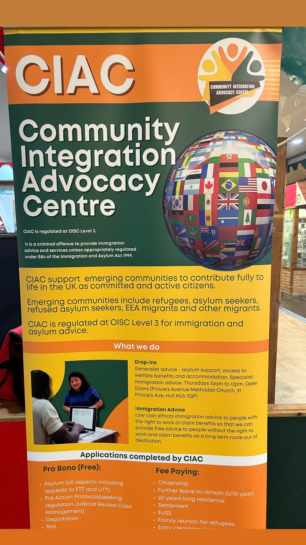 Poster for the Community Integration Advocacy Centre (CIAC) outlining support for emerging communities, including refugees and asylum seekers. It includes information about drop-in advice sessions and immigration advice, with details on applications 