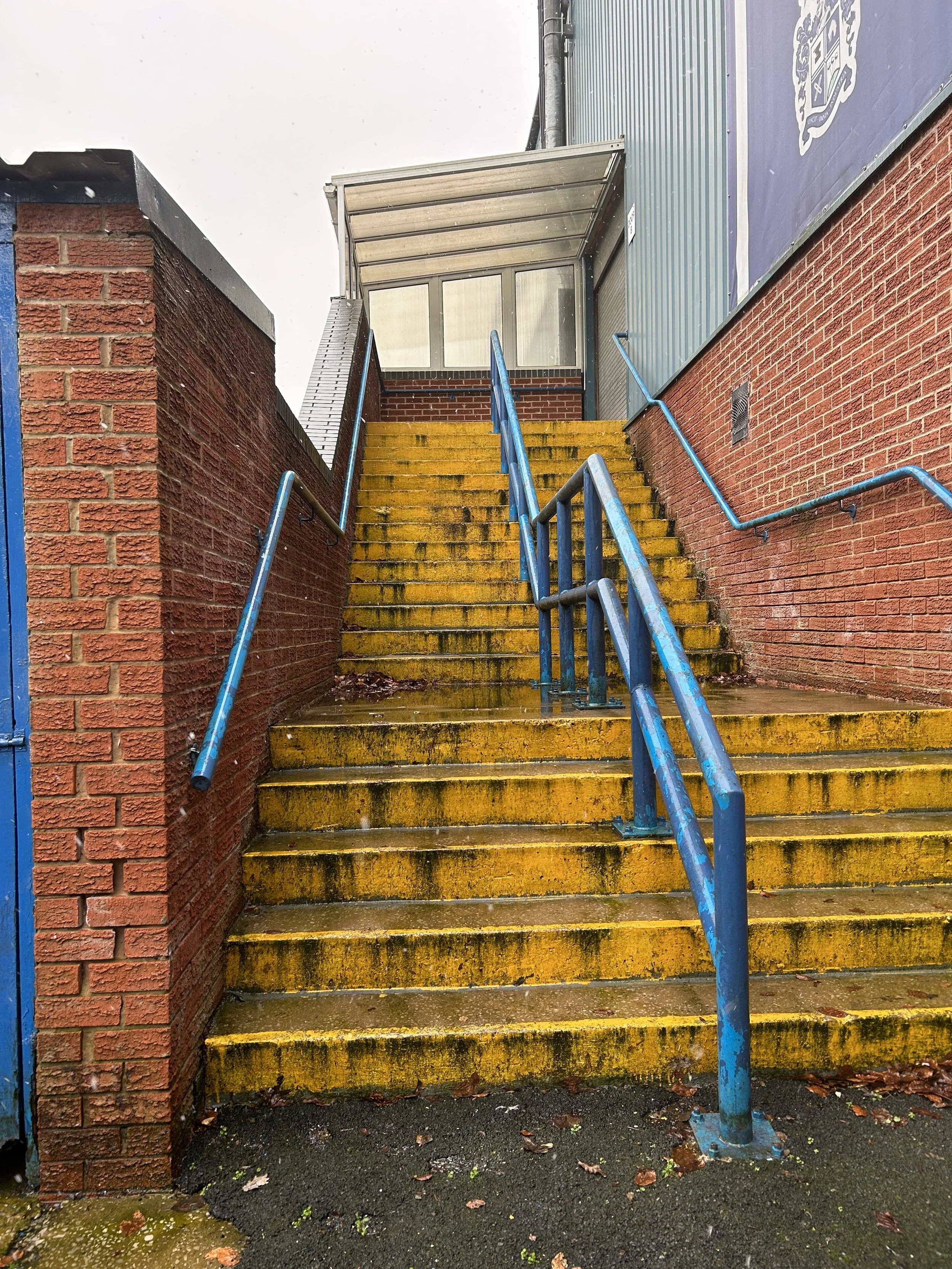 Yellow outdoor staircase with blue handrails, wet and mossy, leading up to a small enclosed area with windows, adjacent to brick and metal walls outside.