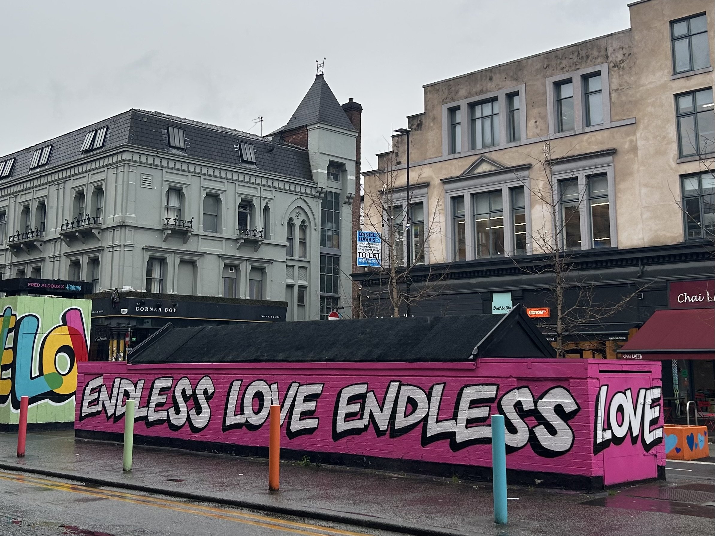 Colorful mural on a pink building with the words "ENDLESS LOVE" painted in black and white graffiti style on the side of the structure, located on a wet street with a few bollards and storefronts in the background.