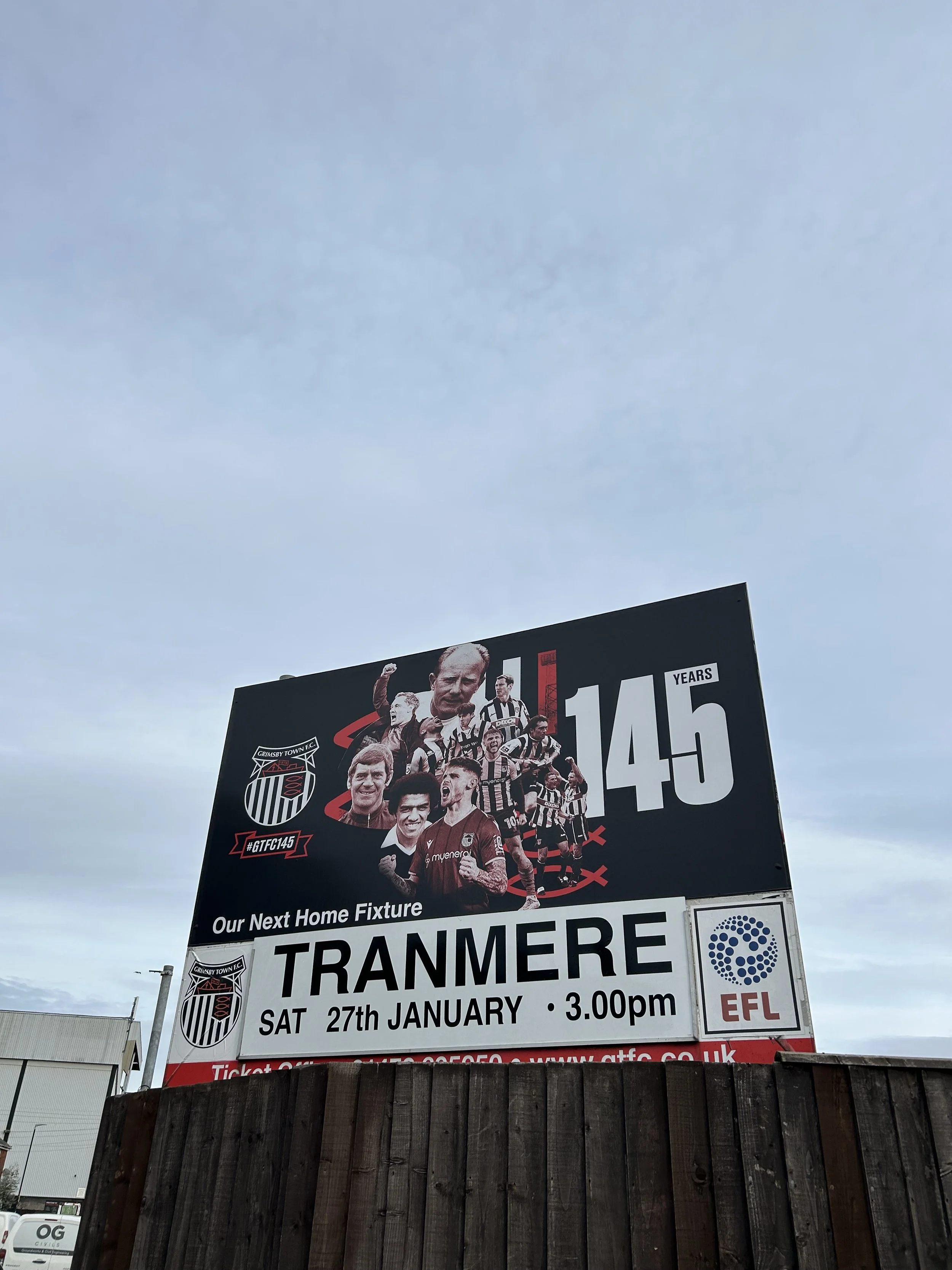 Poster celebrating 145 years of Grimsby Town F.C., announcing their next home match against Tranmere Rovers on Saturday, January 27th at 3:00 pm.