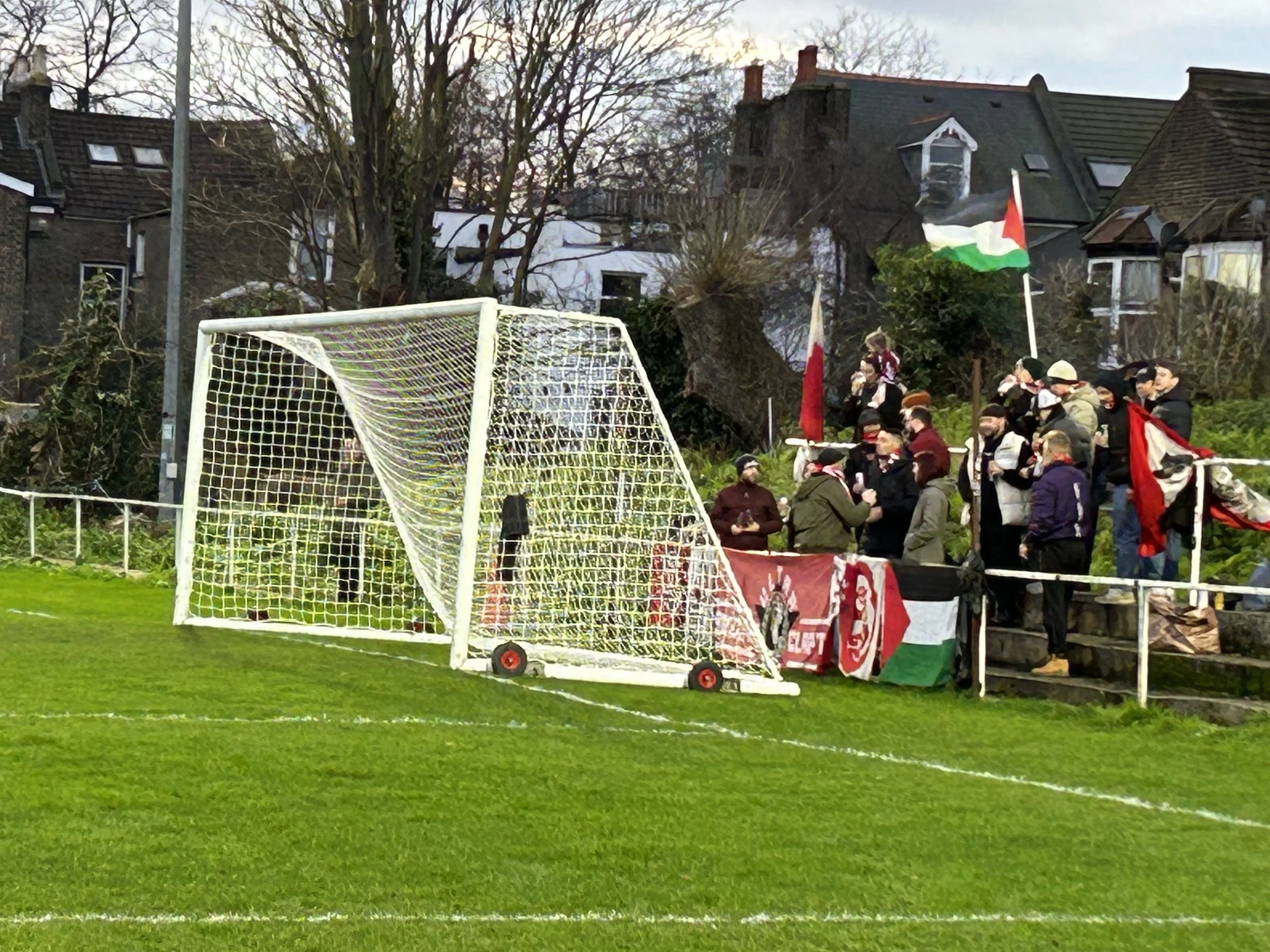 Group of people gathered on bleachers with flags, near a soccer goal on a grassy field, in front of residential houses and trees.
