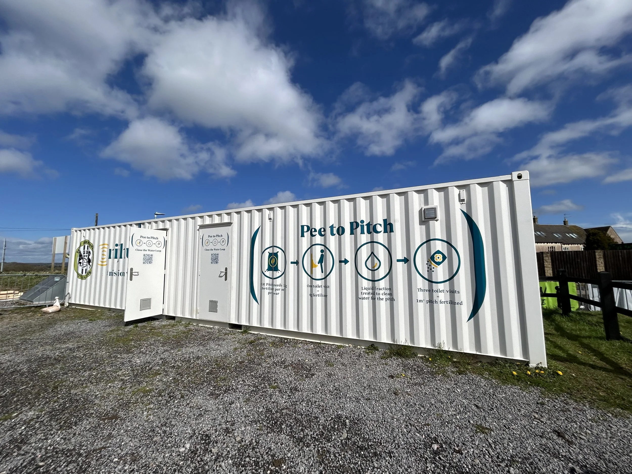 Outdoor sign with instructions for a process called 'Pee to Pitch,' illustrating steps for providing liquid fertilizer for a pitch, with images and text on a white container under a partly cloudy sky.