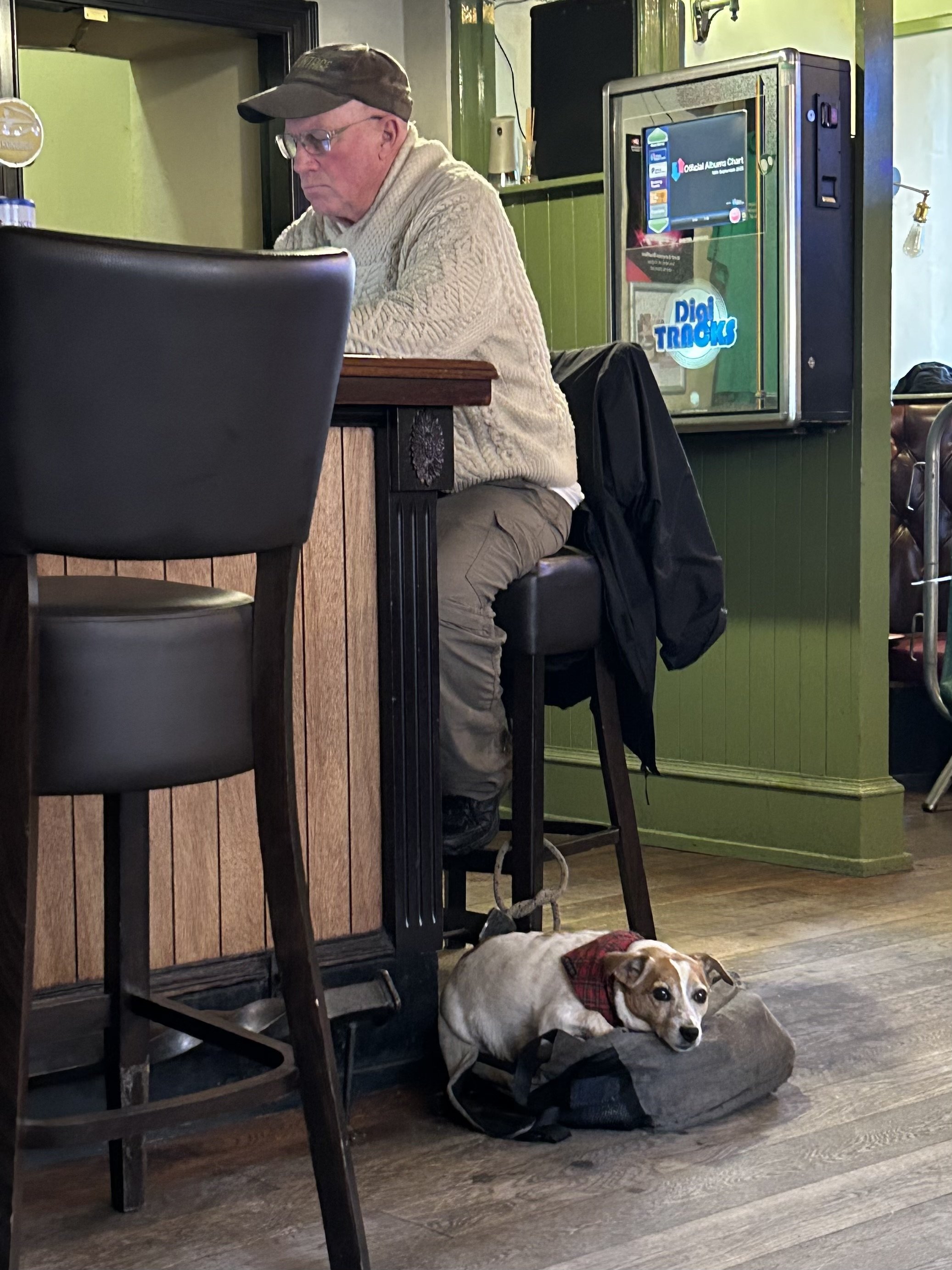An elderly man wearing glasses, a brown cap, and a cream cable-knit sweater is seated at a bar or counter, focused on something in front of him. He's sitting on a black leather barstool. A small dog with a red plaid bandana around its neck is lying o