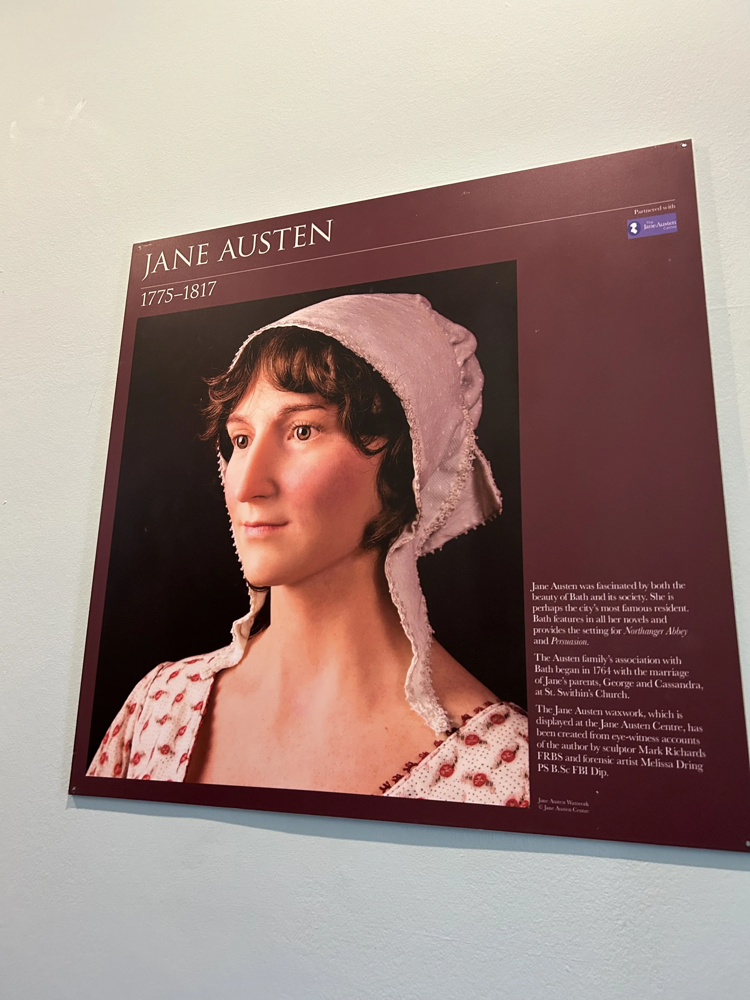 Informational poster of Jane Austen with her portrait, name, birth and death years, and background information about her life and works.