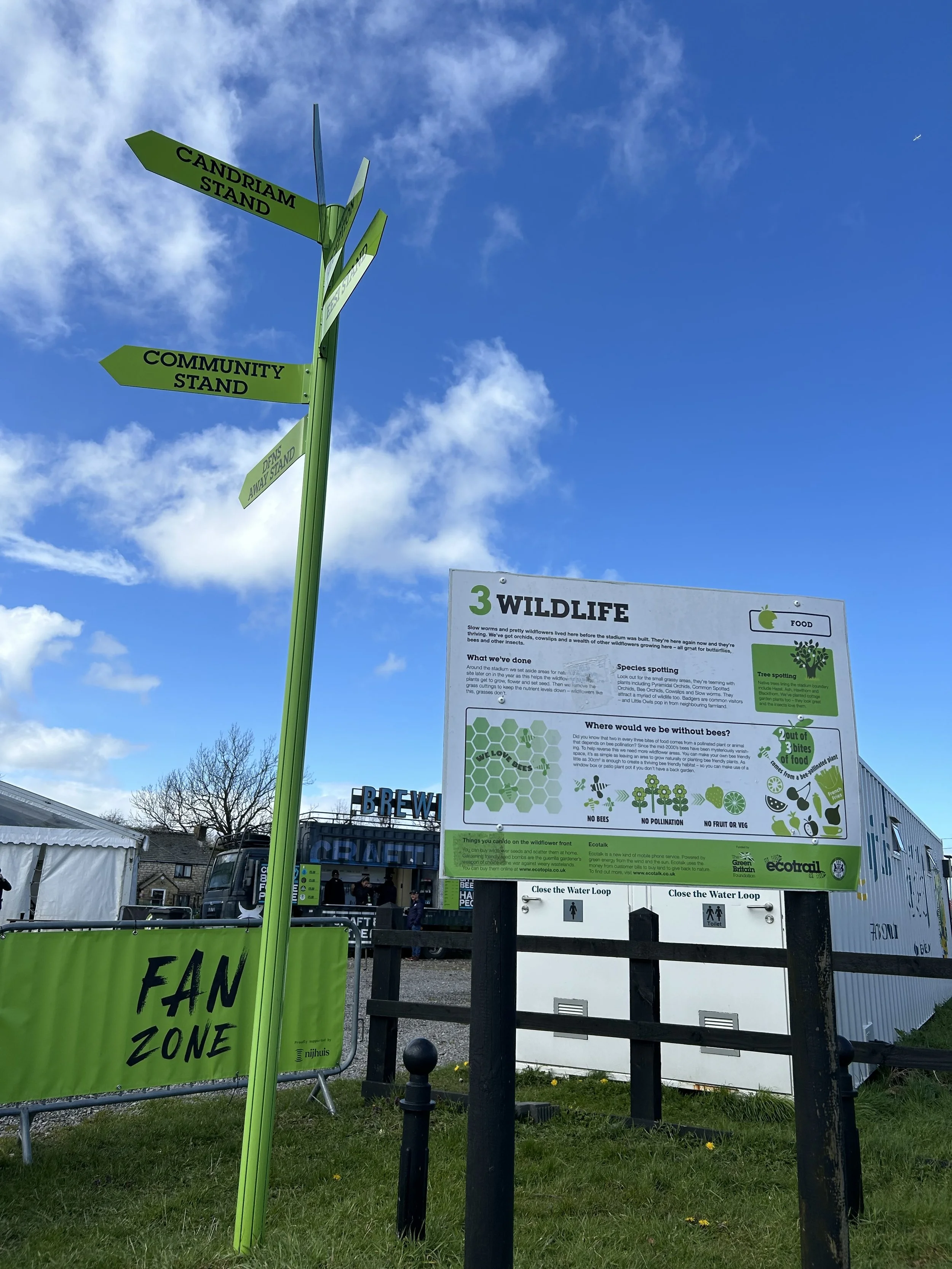 Signpost with multiple directions including CANDRIAM STAND, COMMUNITY STAND, and DAYS AWAY STAND. A large informational sign about wildlife and bees, with illustrations of honeybees, flowers, and trees, and text about wildlife conservation and bee po