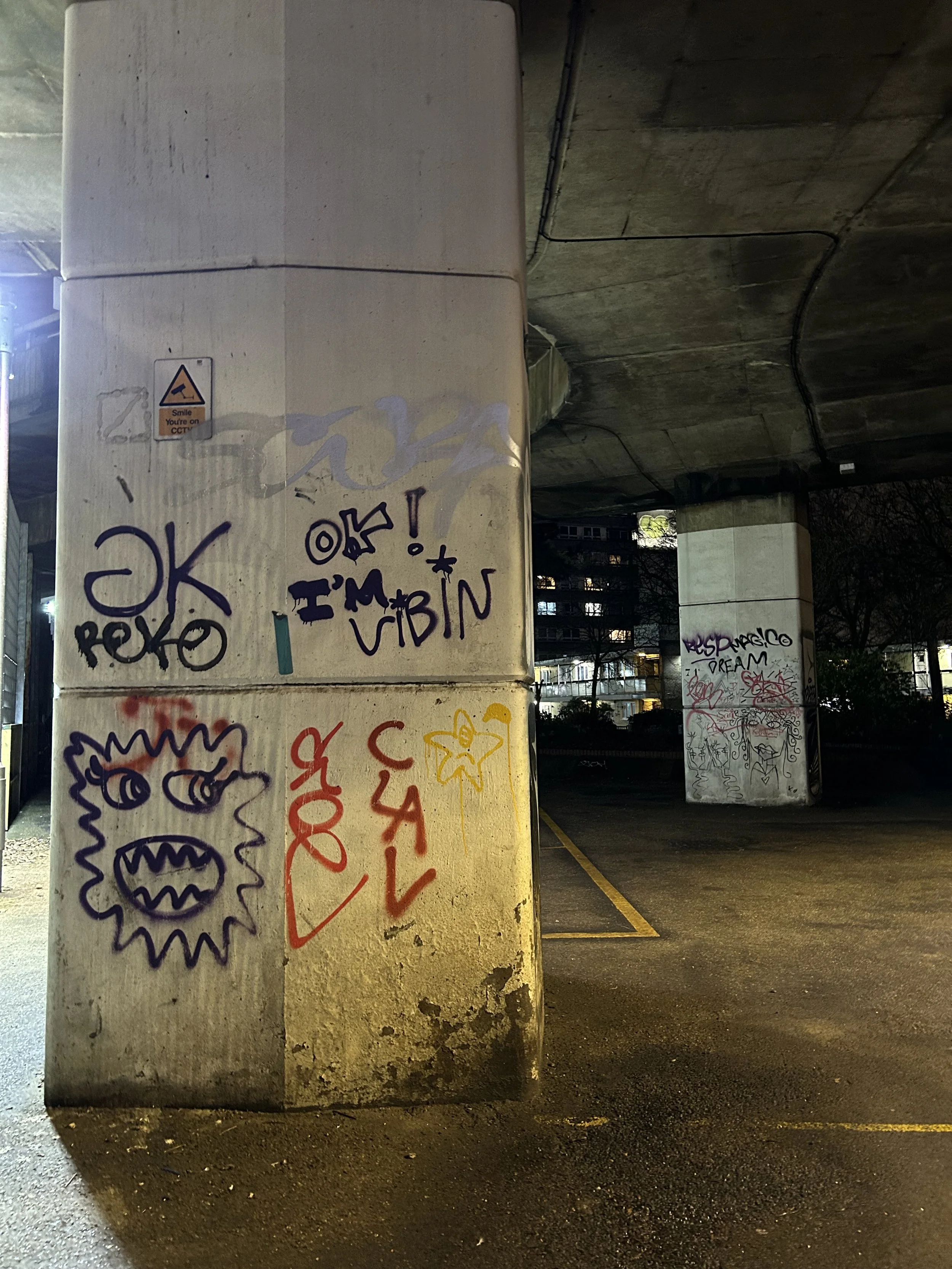 Graffiti on concrete pillars under an overpass, including words like "OK REKO," "OK! I’m VIBIN," and a purple doodle of a face with sharp teeth.