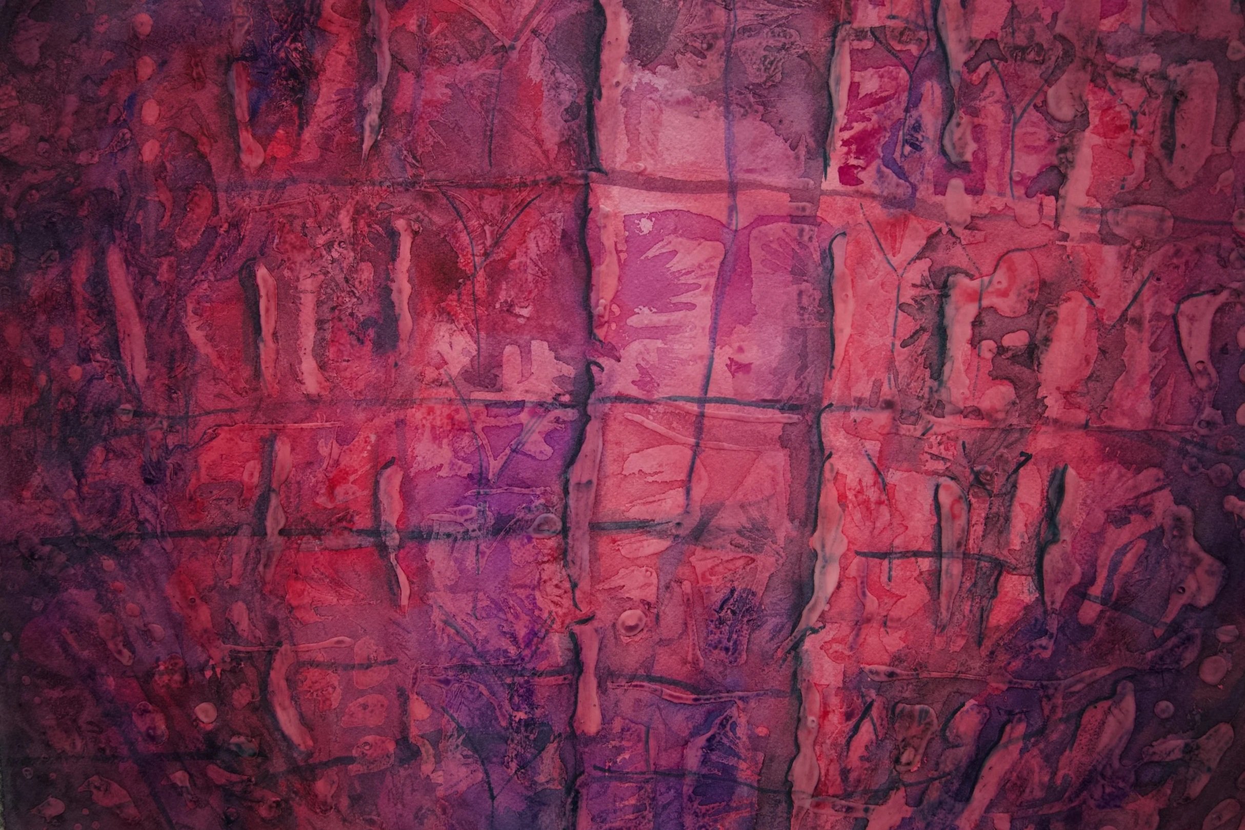 Abstract painting with red, purple, and pink hues, featuring dark lines and textured patterns.