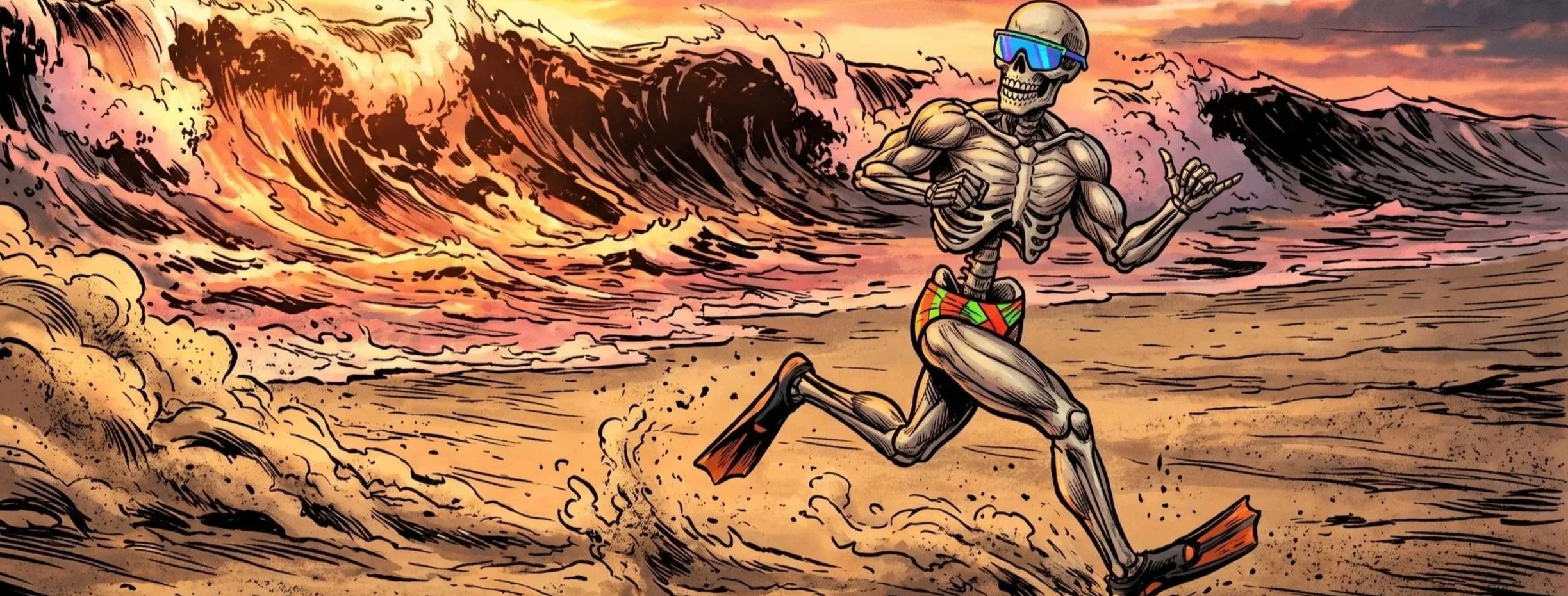Heavy Duty and the hard whomp of a thrashing shore-break. There's a tube-slidin' skeleton, and he had a good time, gettin' tossed in the whitewash.