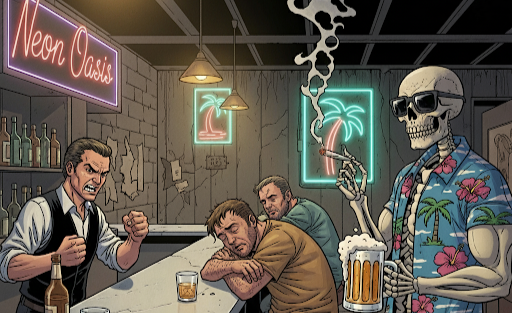 Dive bar exhaustion, the aloha skeleton, and joint soaked beers, the image that represents Brave Dreams and Dive Bar Stew.