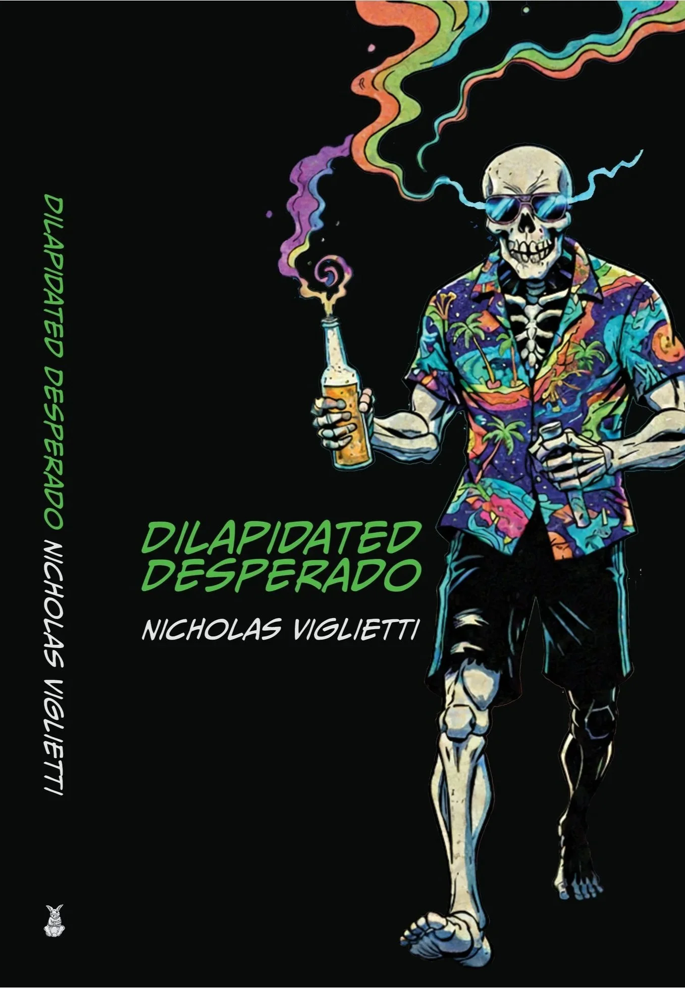 Author Nicholas Viglietti book cover art for a collection of dilapidated desperado poetry. It features a vibrant synthwave aesthetic, honest lines on the roughshod slide of the neon grind, and the rhythmic flash of hope on the horizon line.