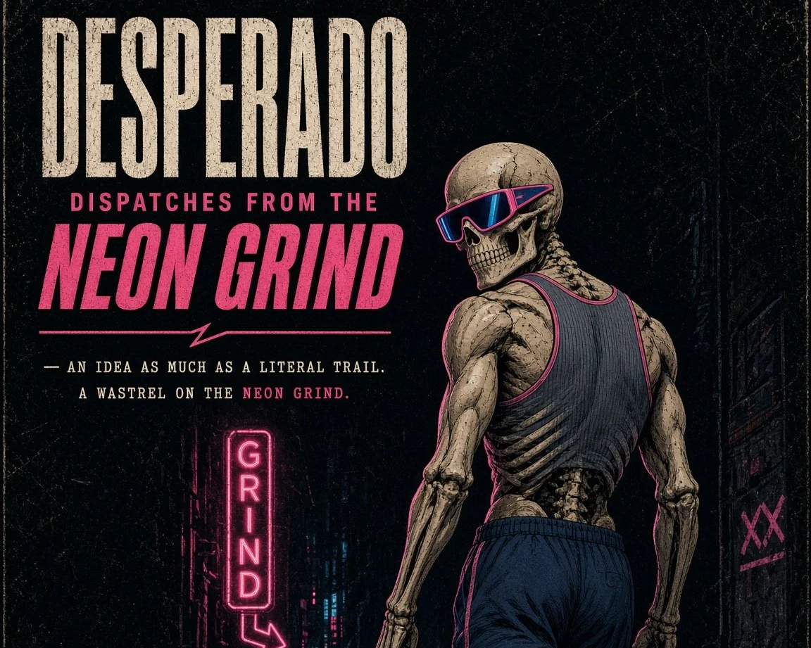 A skeleton wearing pink neon sunglasses and a dark shirt, standing in front of a dark cityscape with neon signs, including a vertical pink neon sign that says 'GRIND'.