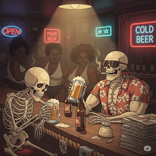 Two skeletons with sunglasses and Hawaiian shirts drinking beer at a bar with three women watching.