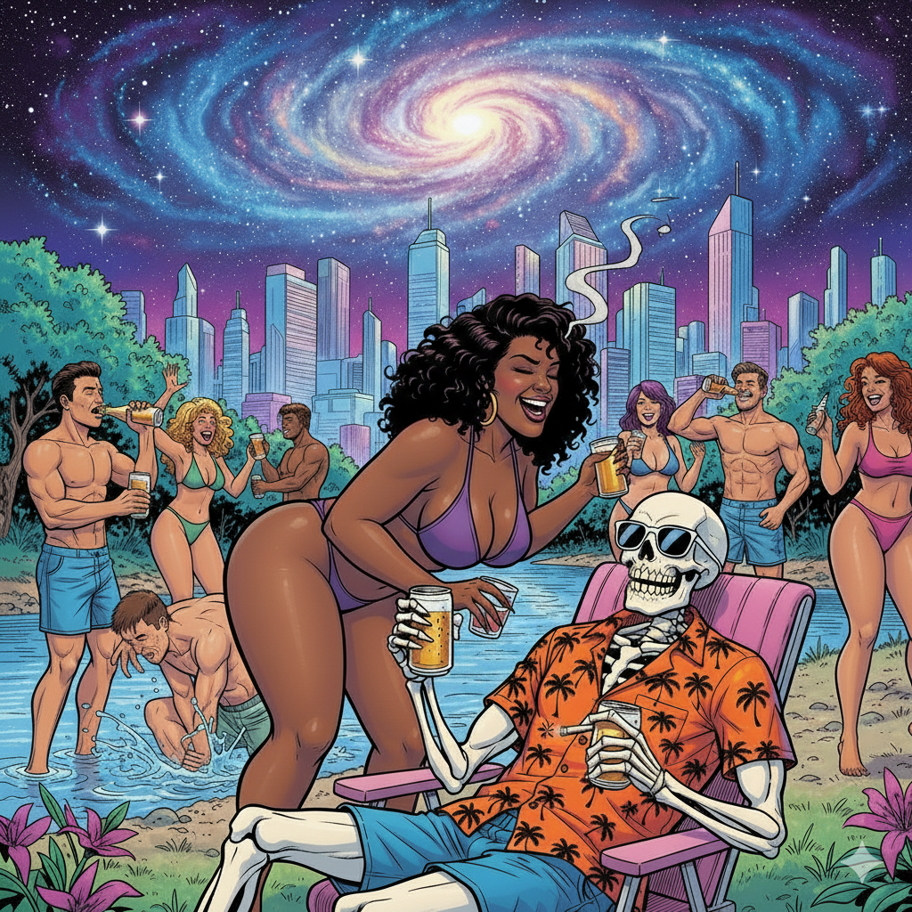Skeleton relaxing in a lounge chair wearing sunglasses and an orange Hawaiian shirt, smoking a cigarette, at a lively pool party with young adults in swimsuits, drinking beer, and dancing, set against a vibrant city skyline and a spiral galaxy in the night sky.