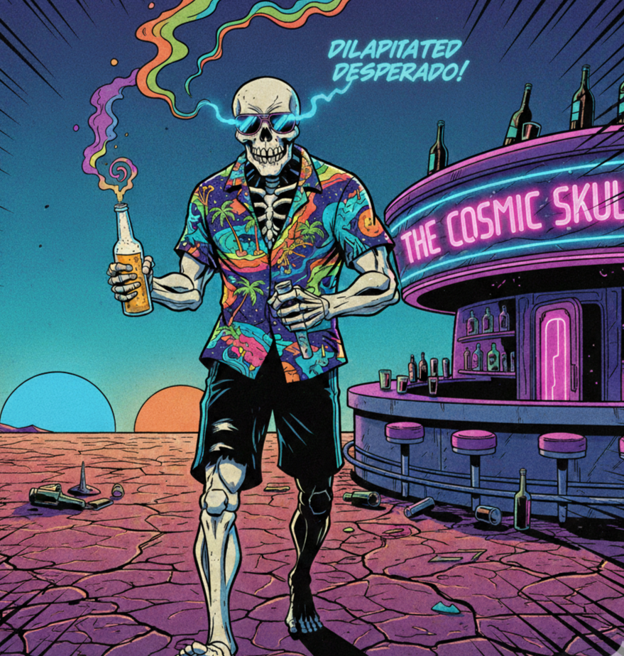 A skeleton man with glowing blue eyes wearing a colorful Hawaiian shirt and black shorts, holding a beer bottle and a shot glass, walking in a neon-lit bar called 'The Cosmic Skull' with a sunset in the background.