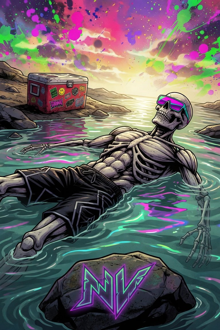 Gods Got a Good Backstroke - Flash Fiction - It's a hot blaze of a day, and buff skeleton floats in the river, he wears neon shades and the beer-can cooler ain't far away.