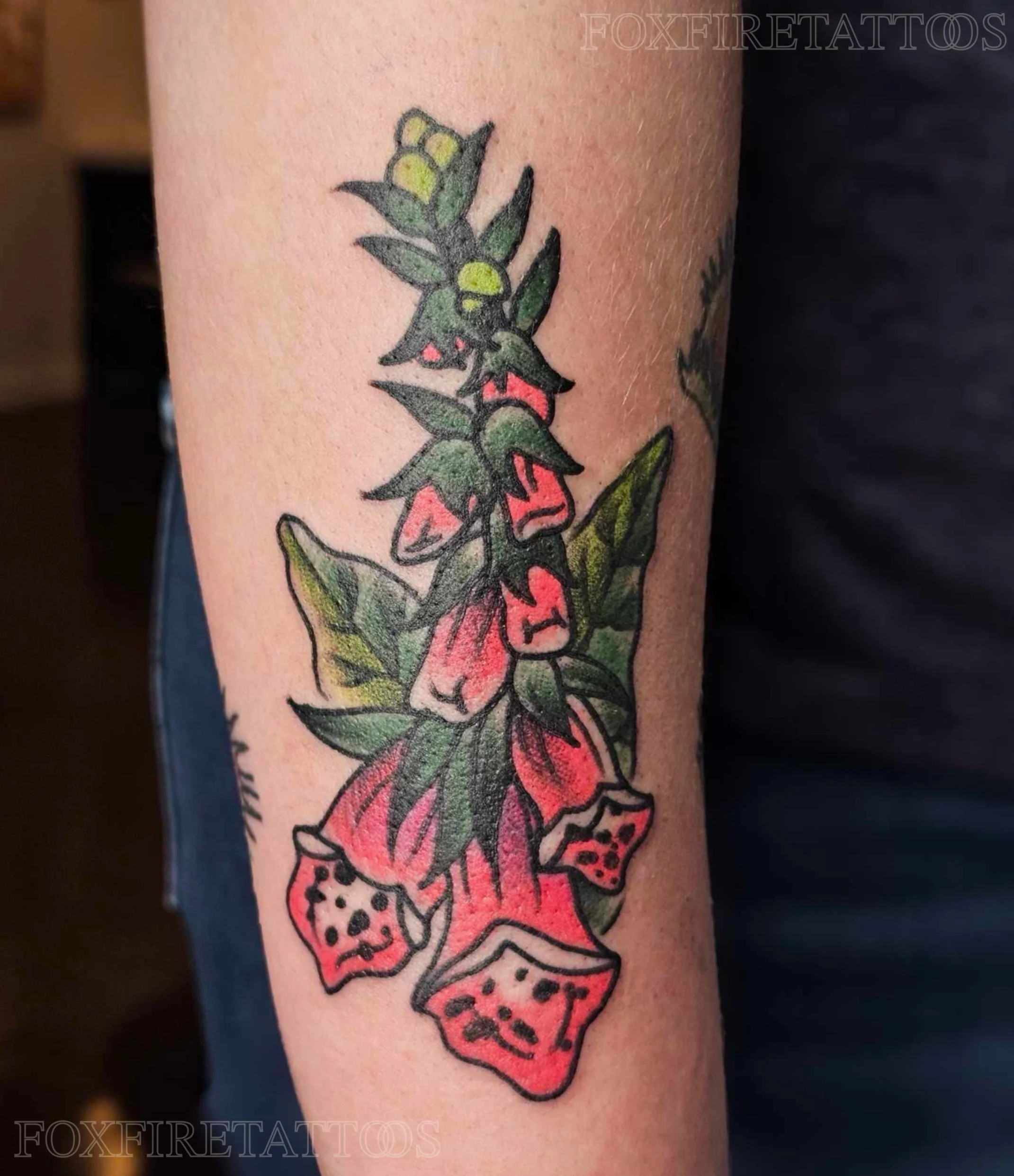 A colorful tattoo of a flowering plant with green leaves and red blossoms on a person's arm.