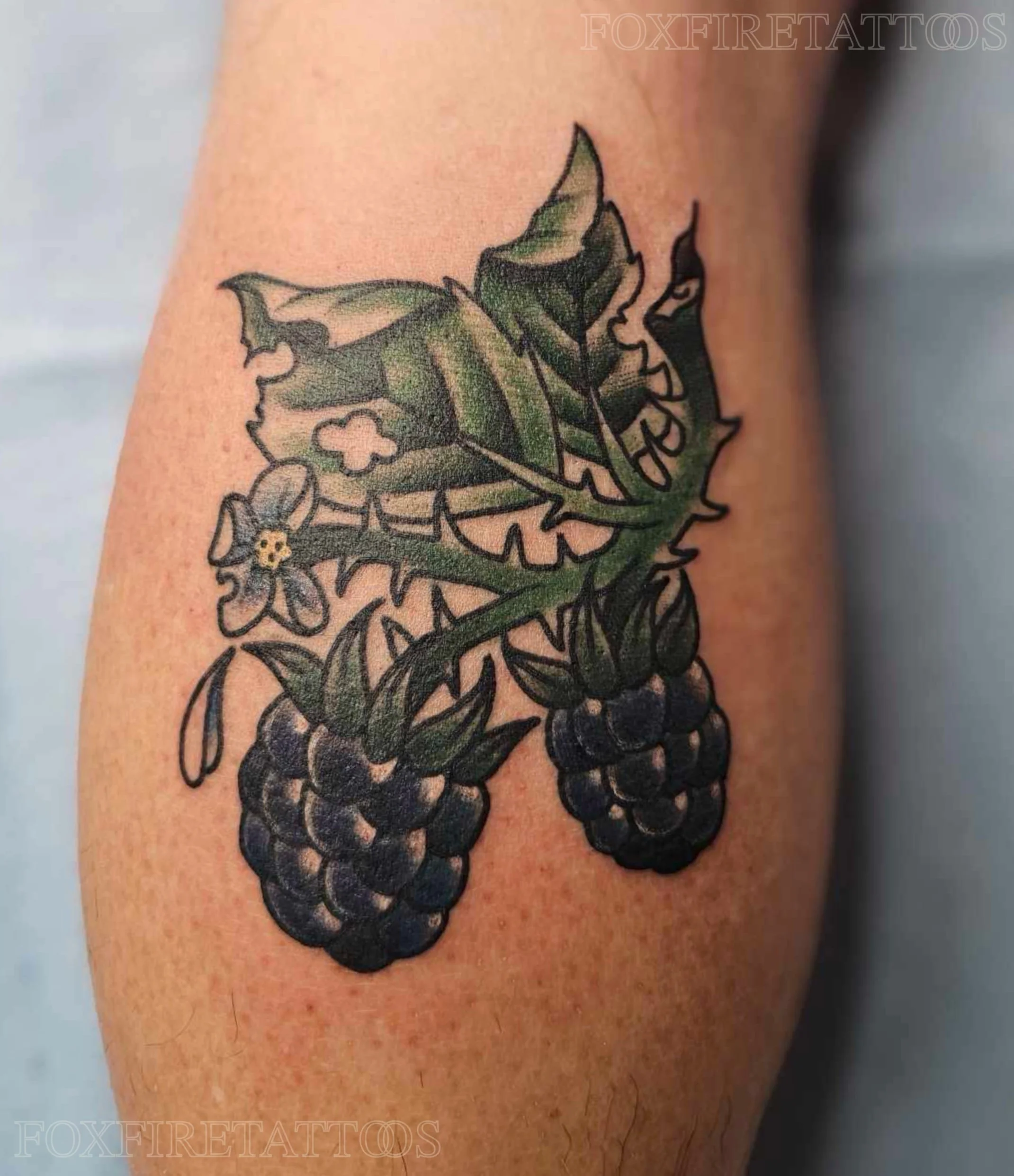 A tattoo of a blackberry with a green leaf, a small bee, and a butterfly on a person's arm.