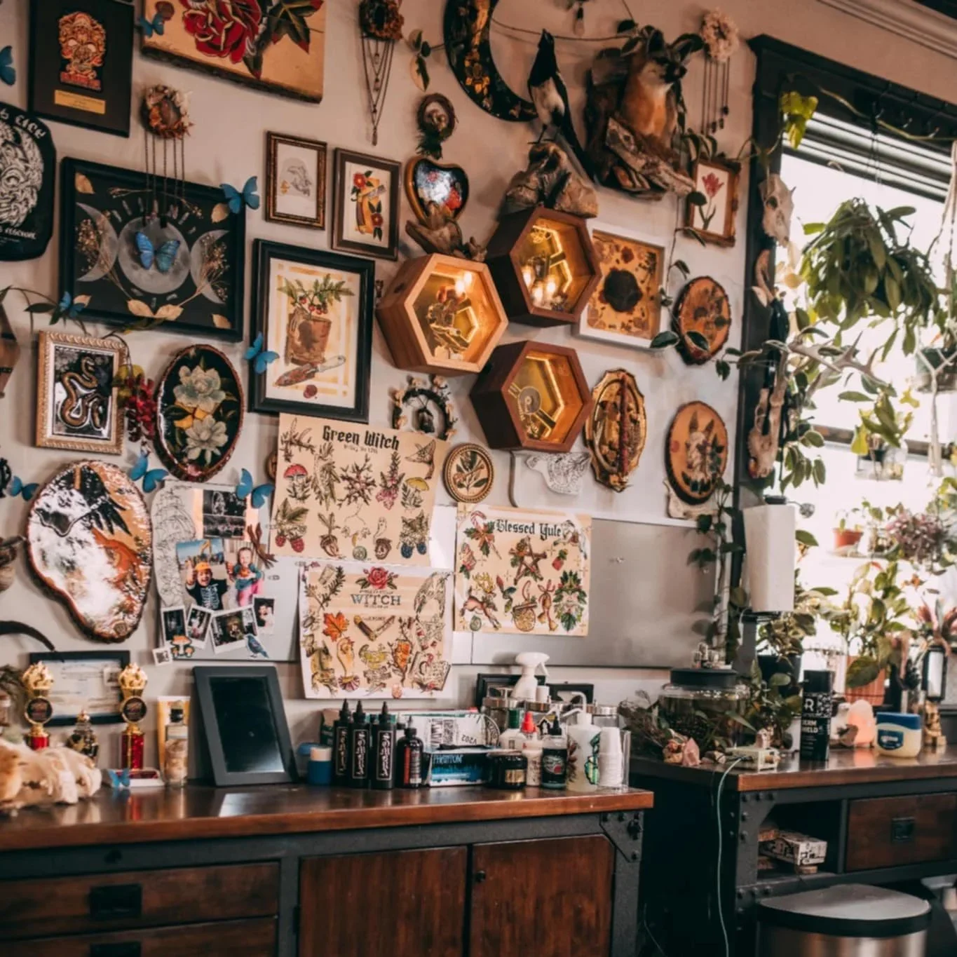 A rustic indoor space decorated with various framed artwork, wall-mounted animal skulls, and shelves with decorative objects. A wooden table holds bottles, containers, and small decorative items. Plants are visible near a window, creating a cozy, eclectic atmosphere.