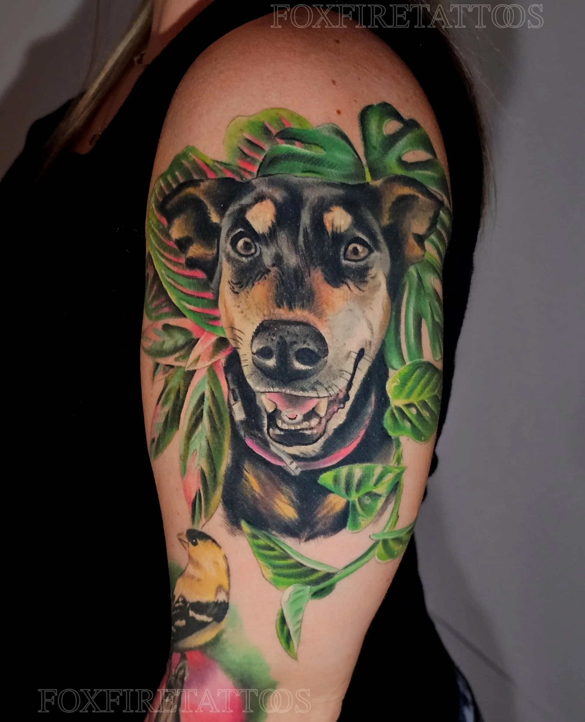 Colorful tattoo of a dog's face surrounded by lush green and pink tropical leaves on a person's arm, with a small yellow bird below.