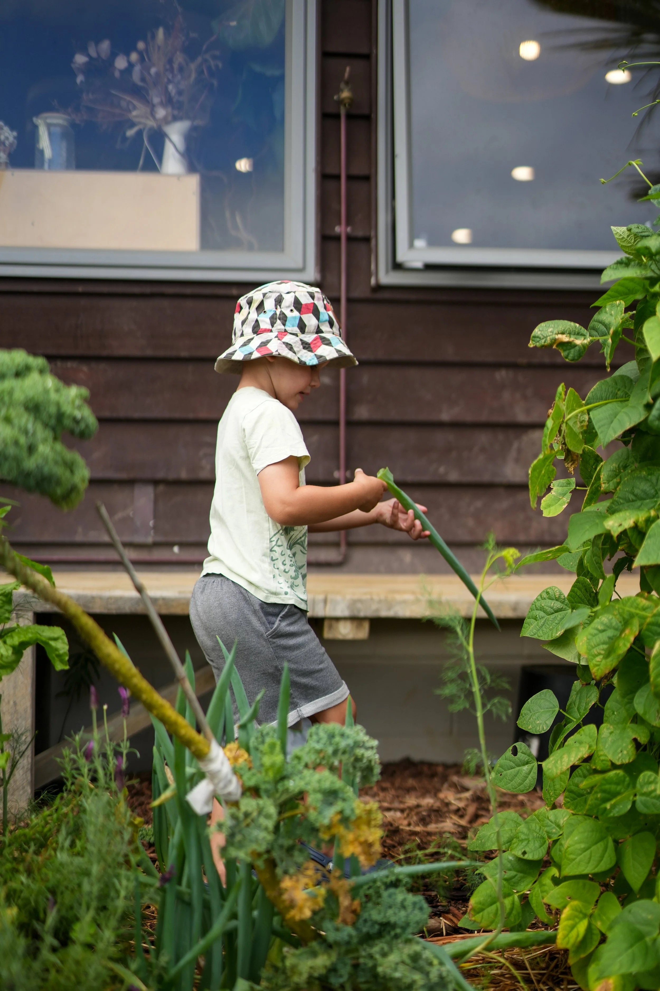 A young child wearing a patterned hat, a white t-shirt, and gray shorts is watering plants in a garden next to a wooden house.