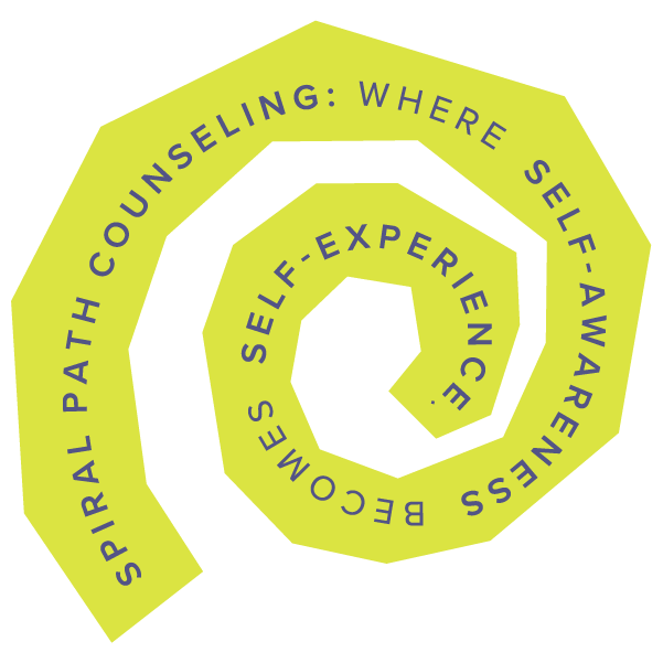 A spiral graphic with lime green background and purple text that reads, "Spiritual Path Counseling: Where Self-Awareness Becomes Self-Experience."
