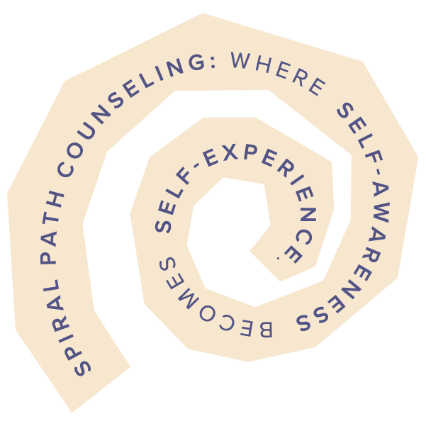 Spiral-shaped graphic with text reading 'Spiral Path Counseling: Where Self-Awareness Becomes Self-Experience' in purple on a beige background.