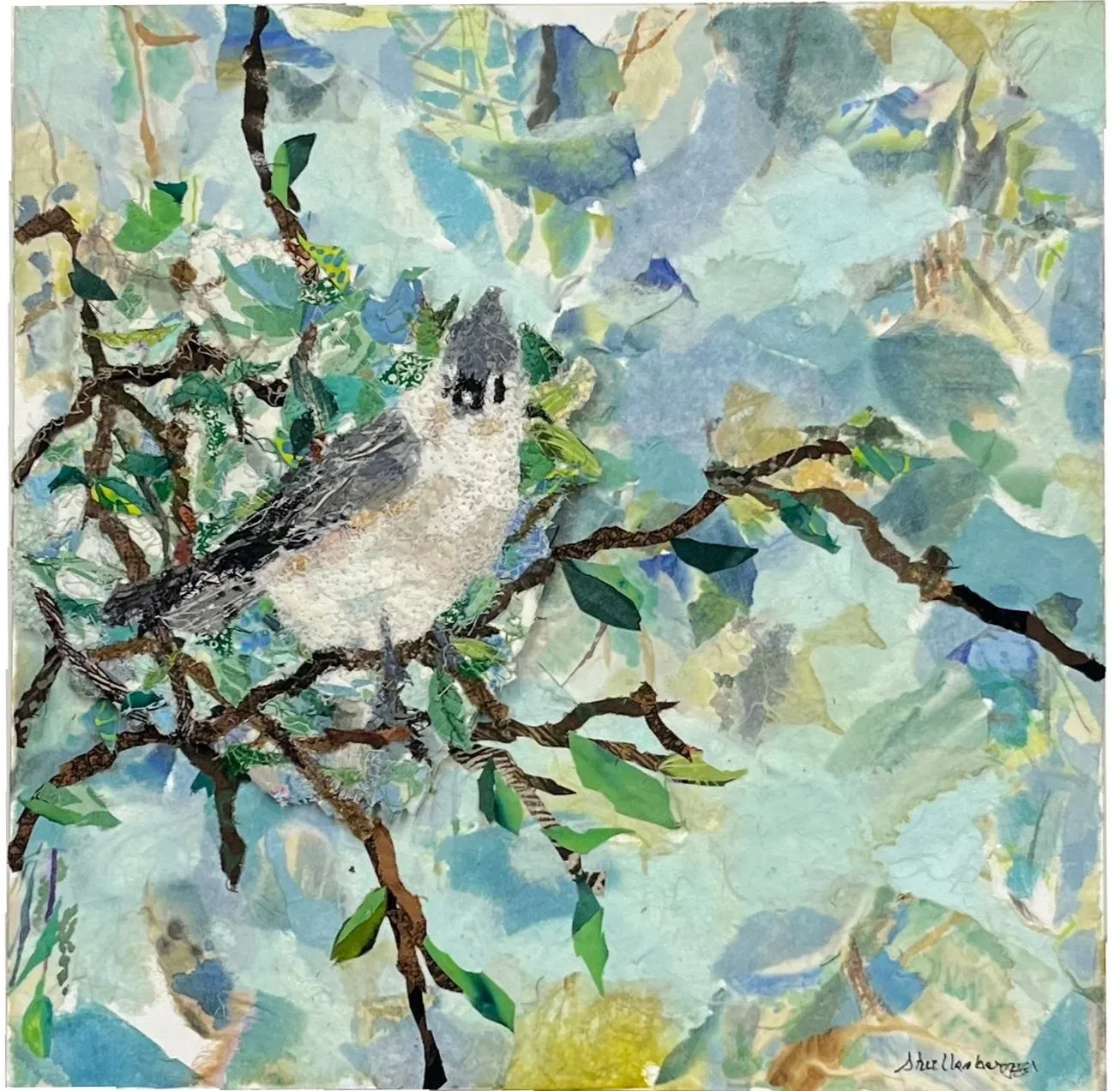 TUFTED TITMOUSE-   SOLD  
 
piece mounted on a wooded box   12" x 12" x 2
