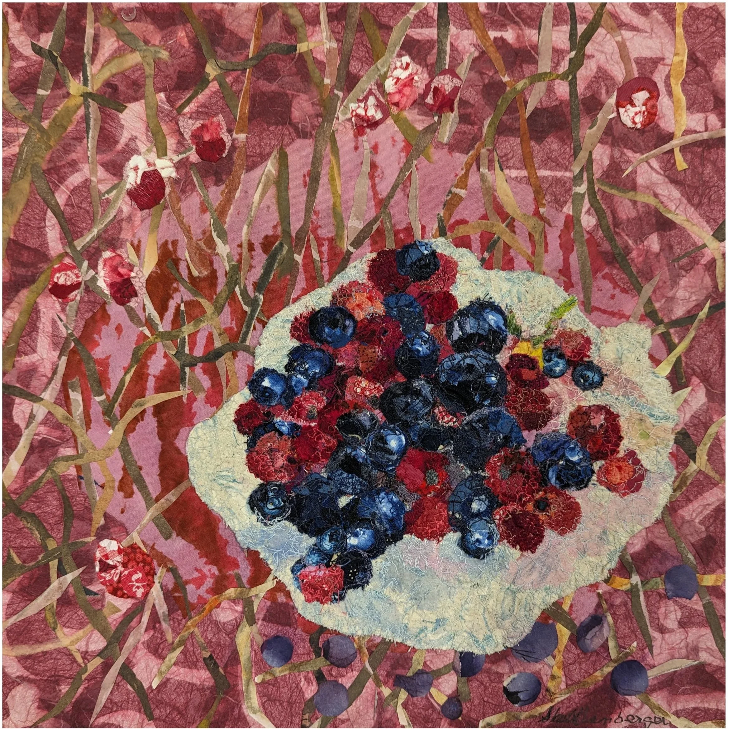 BERRIES  
piece mounted on a wooded box   12" x 12" x 2