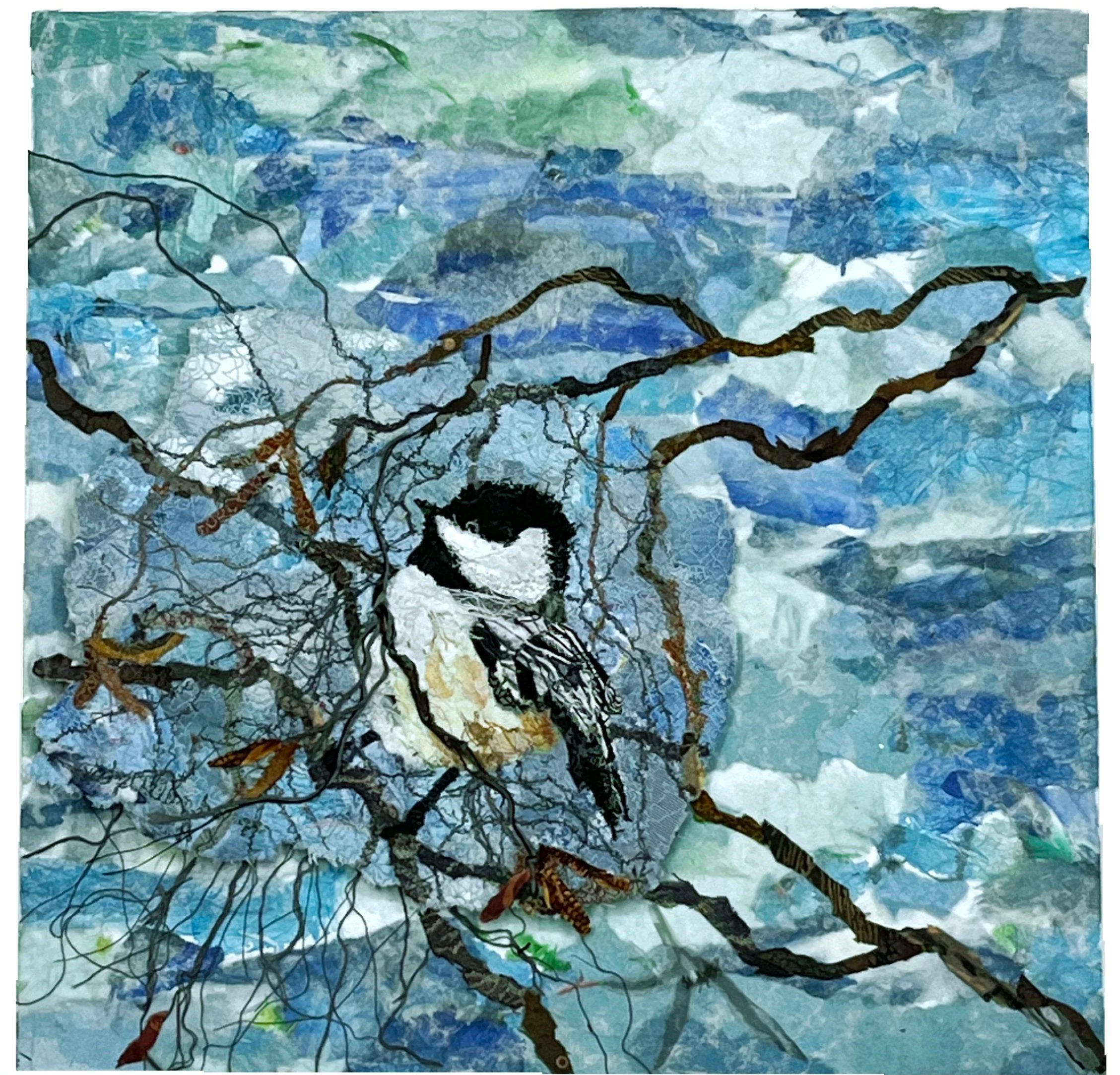 CHICKADEE -   SOLD    
piece mounted on a wooded box   12" x 12" x 2