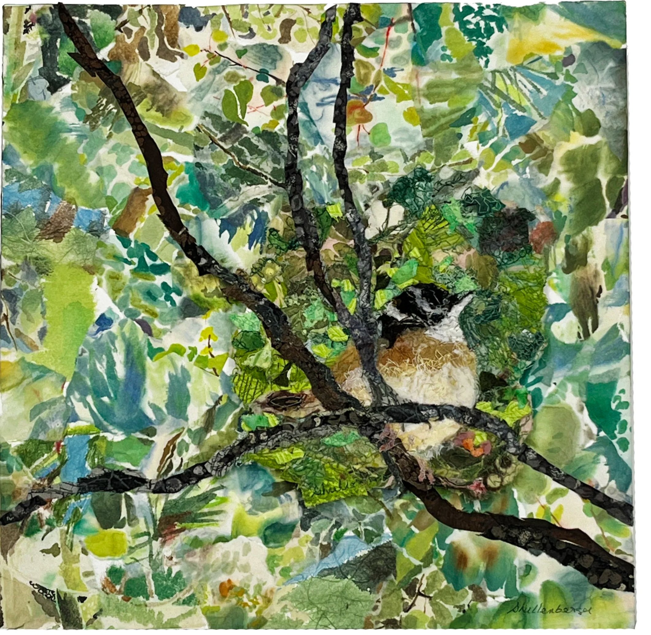 WHITE THROATED SPARROW  
piece mounted on a wooded box    12" x 12" x 2