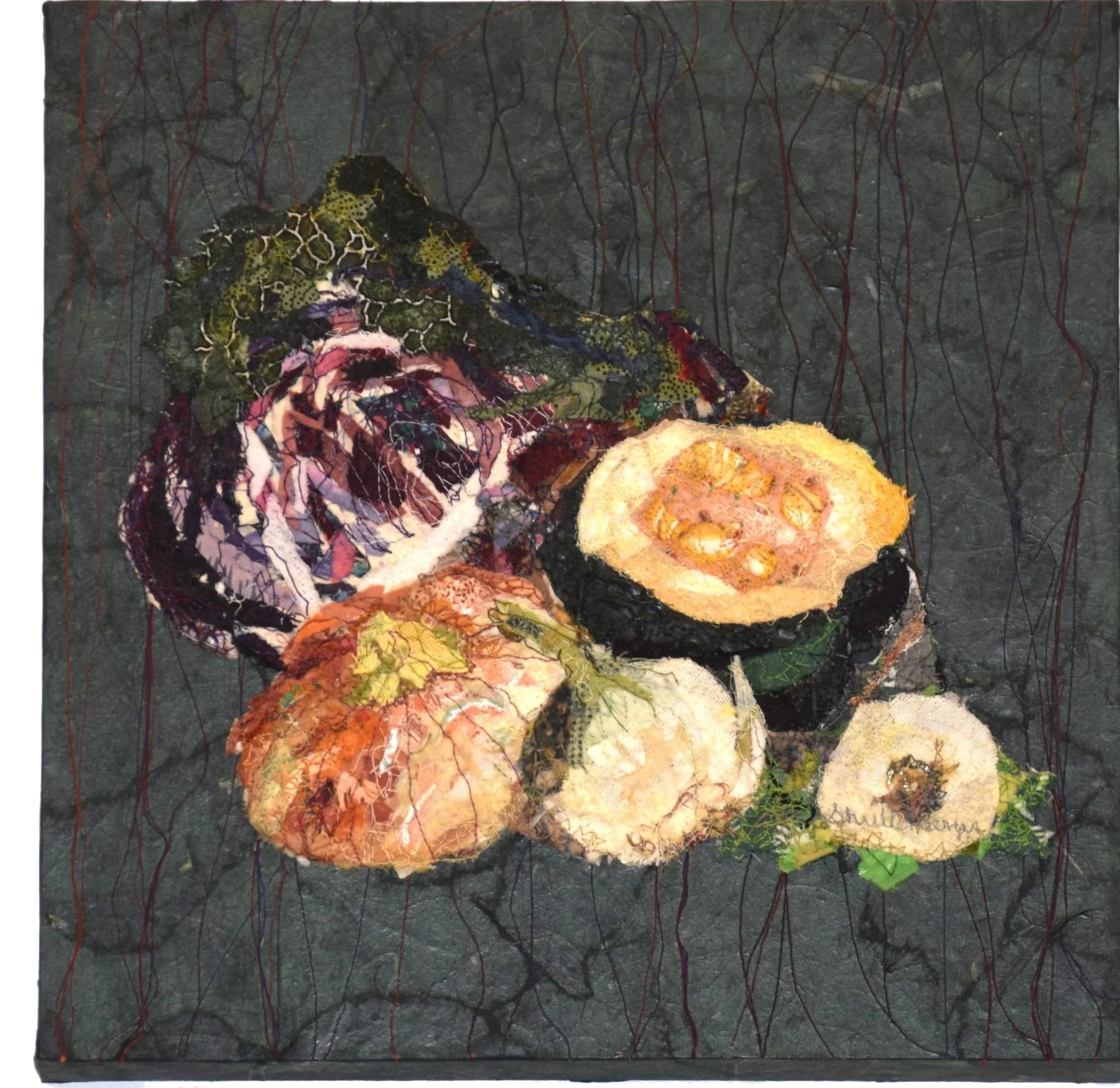 ONIONS AND SQUASH -   SOLD  
 
piece mounted on a wooded box   12" x 12" x 2