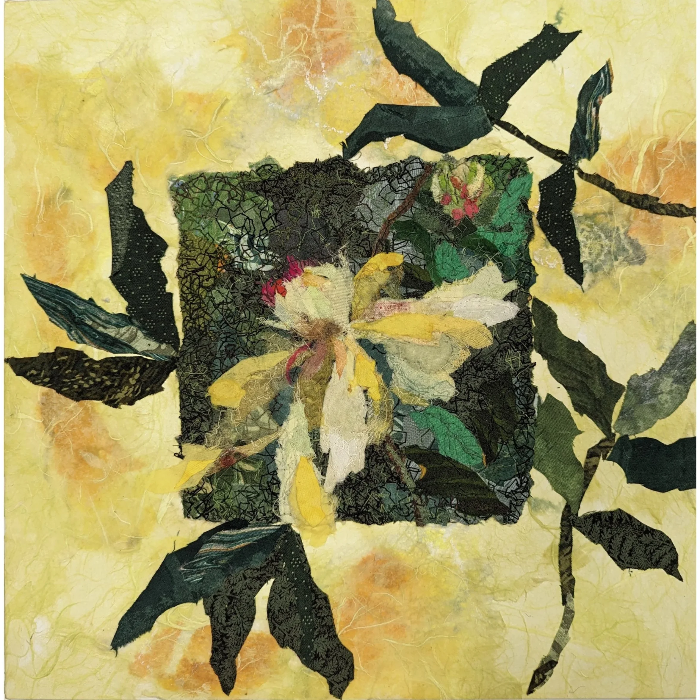 YELLOW PEONY  
piece mounted on a wooded box   12" x 12" x 2