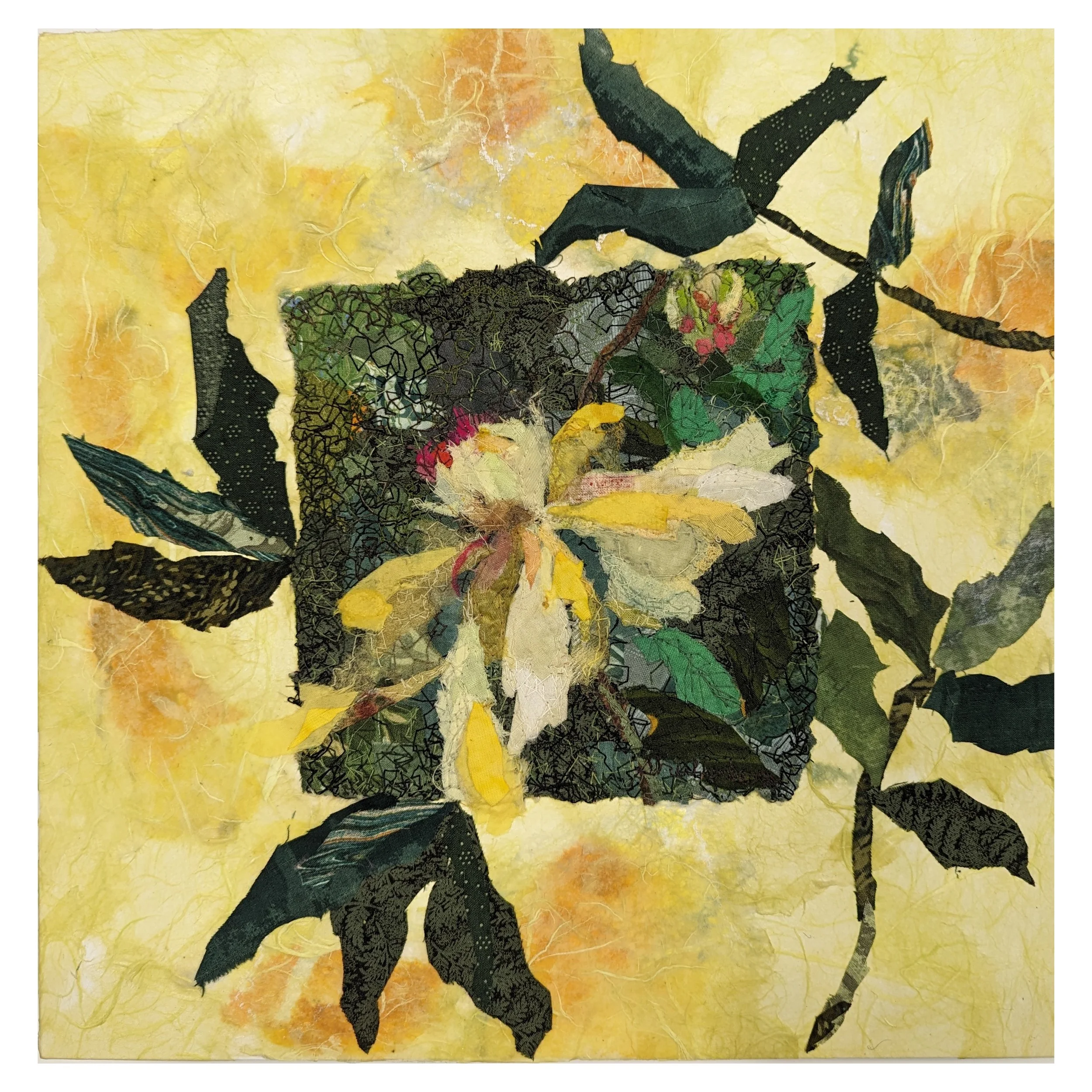 YELLOW PEONY  
piece mounted on a wooded box   12" x 12" x 2