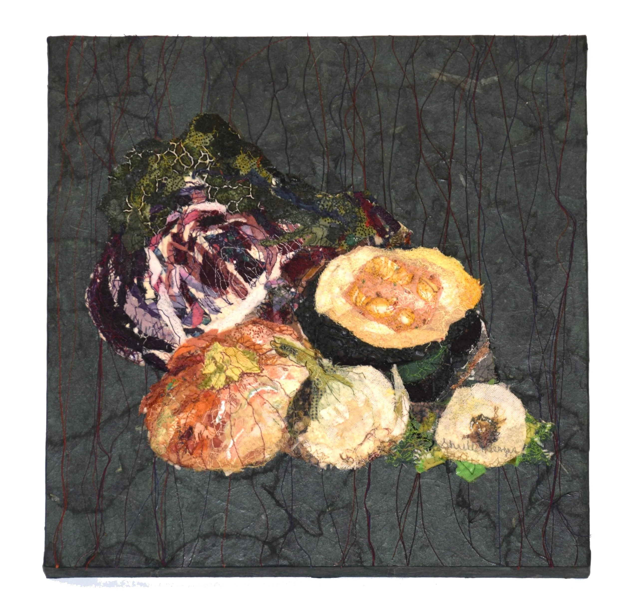 ONIONS AND SQUASH -   SOLD  
 
piece mounted on a wooded box   12" x 12" x 2