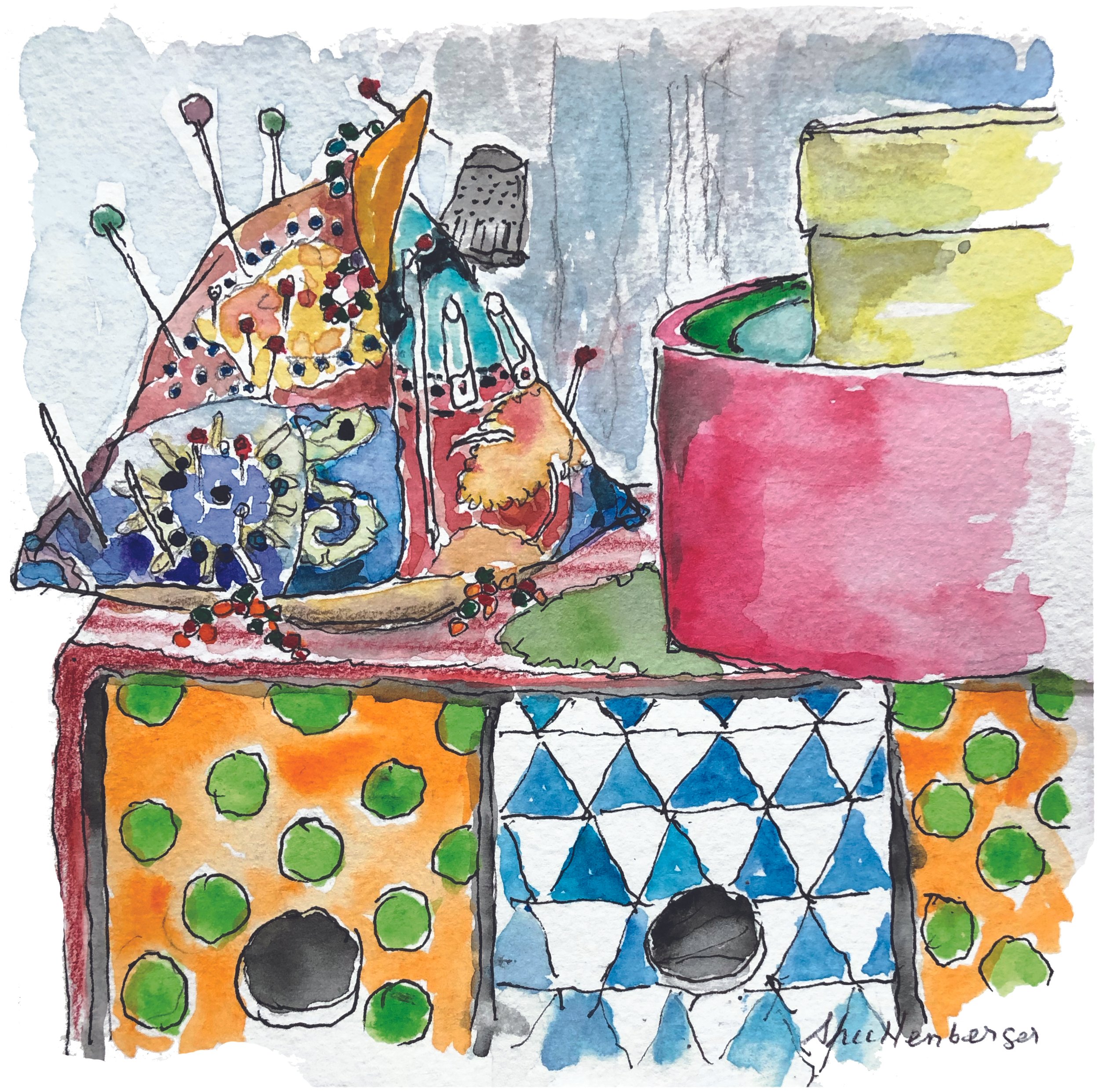 QUEEN OF THE PINCUSHION   6" x 6" unframed